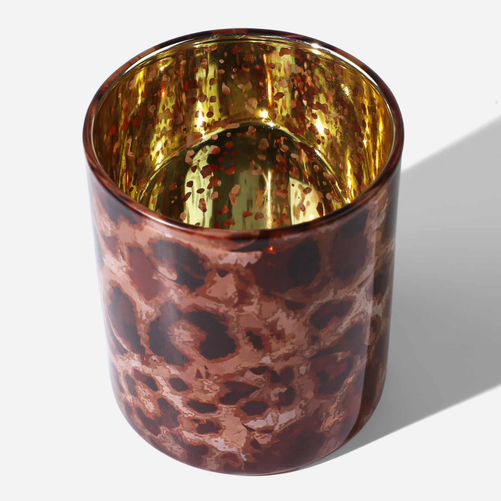 Top View of Glossy Tortoise Print Glass Candle Cup With Speckled Gold Metallic Interior - Boowan Nicole