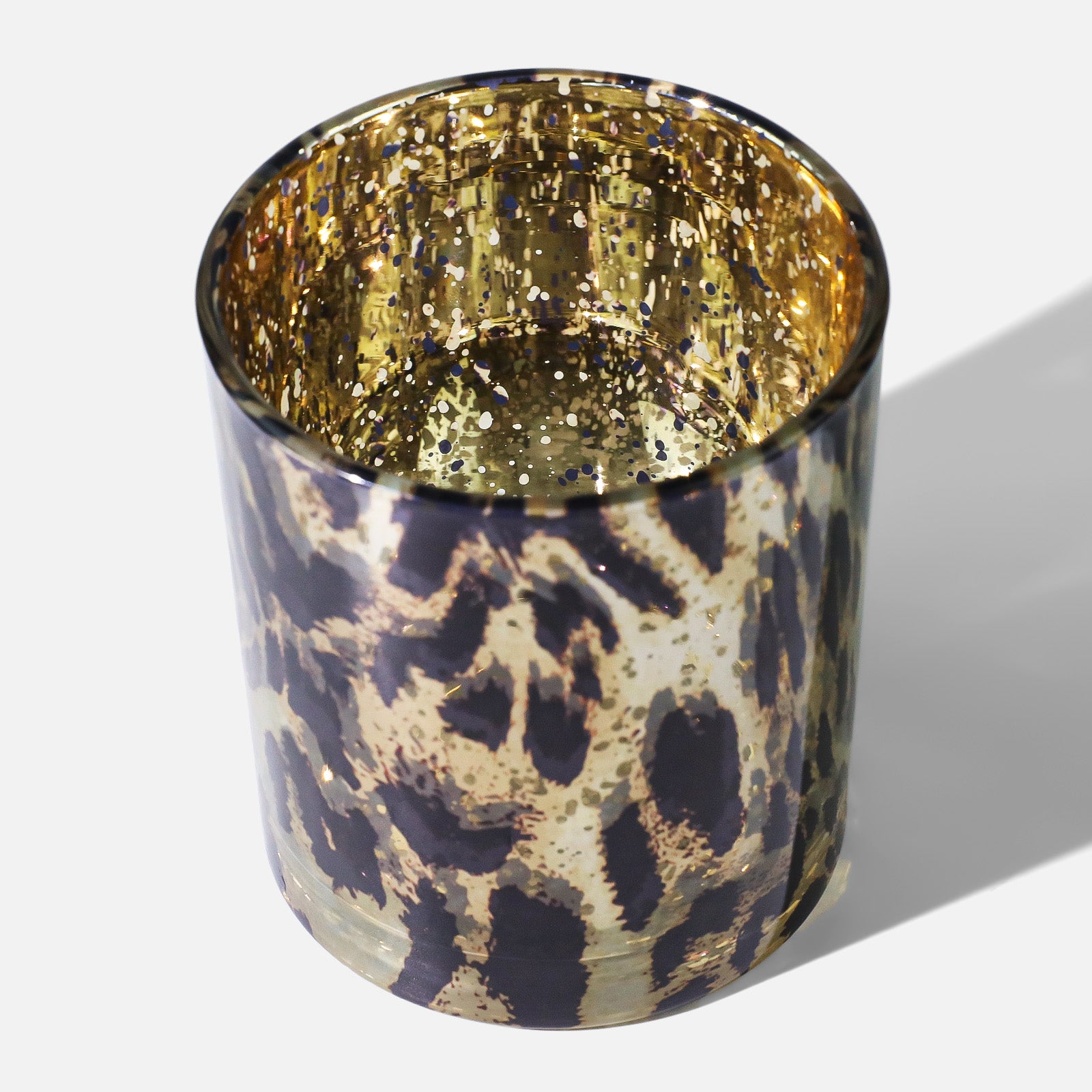 Top View of High-Gloss Black Gold Leopard Print Glass Candle Cup With Full Speckled Gold Metallic Interior - Boowan Nicole
