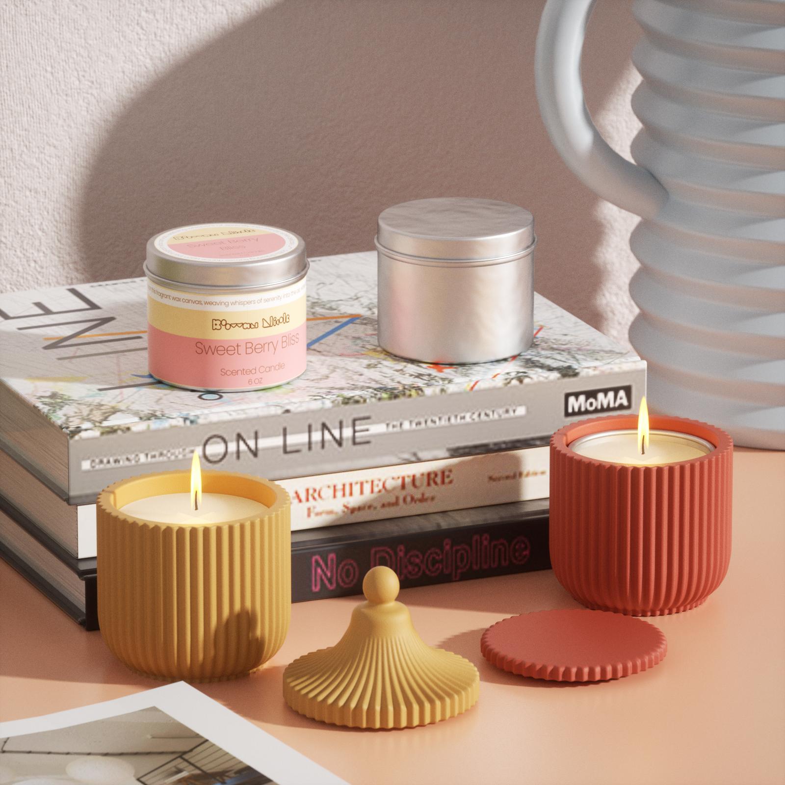 Replaceable candles in ridged flat-lid candle jars are lit, and labeled and unlabeled aluminum jars sit next to books, a perfect makeover.