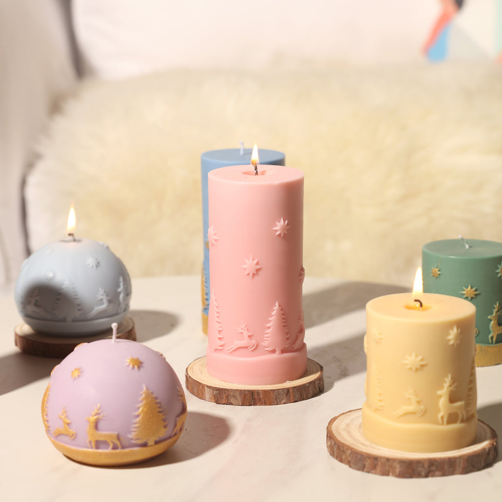 Yellow short style, pink long style, purple dome-shaped Christmas pattern candles are placed on the dining table designed by Boowan Nicole.