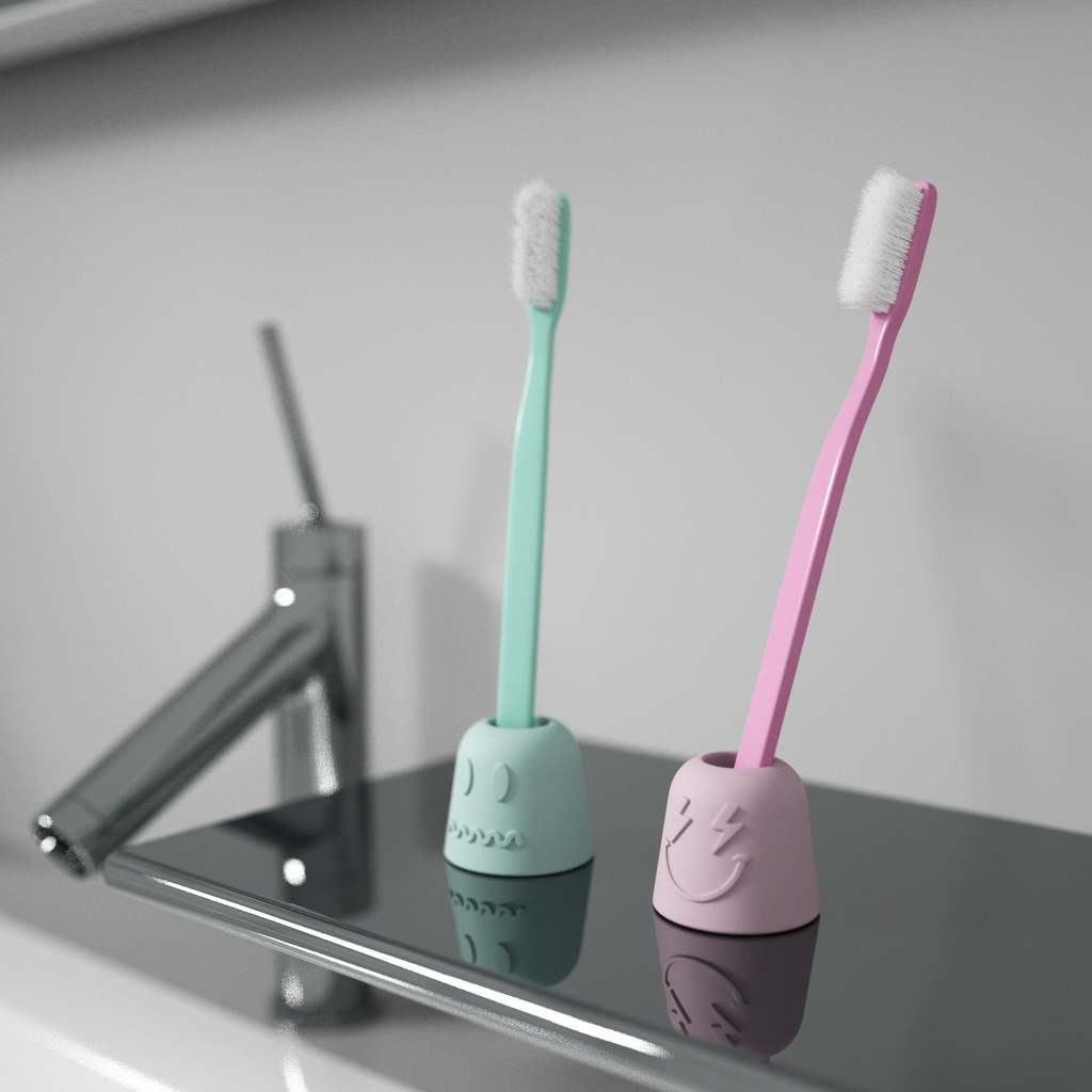 Pink and red Pen & Toothbrush Holder with a toothbrush in each -Boowan Nicole