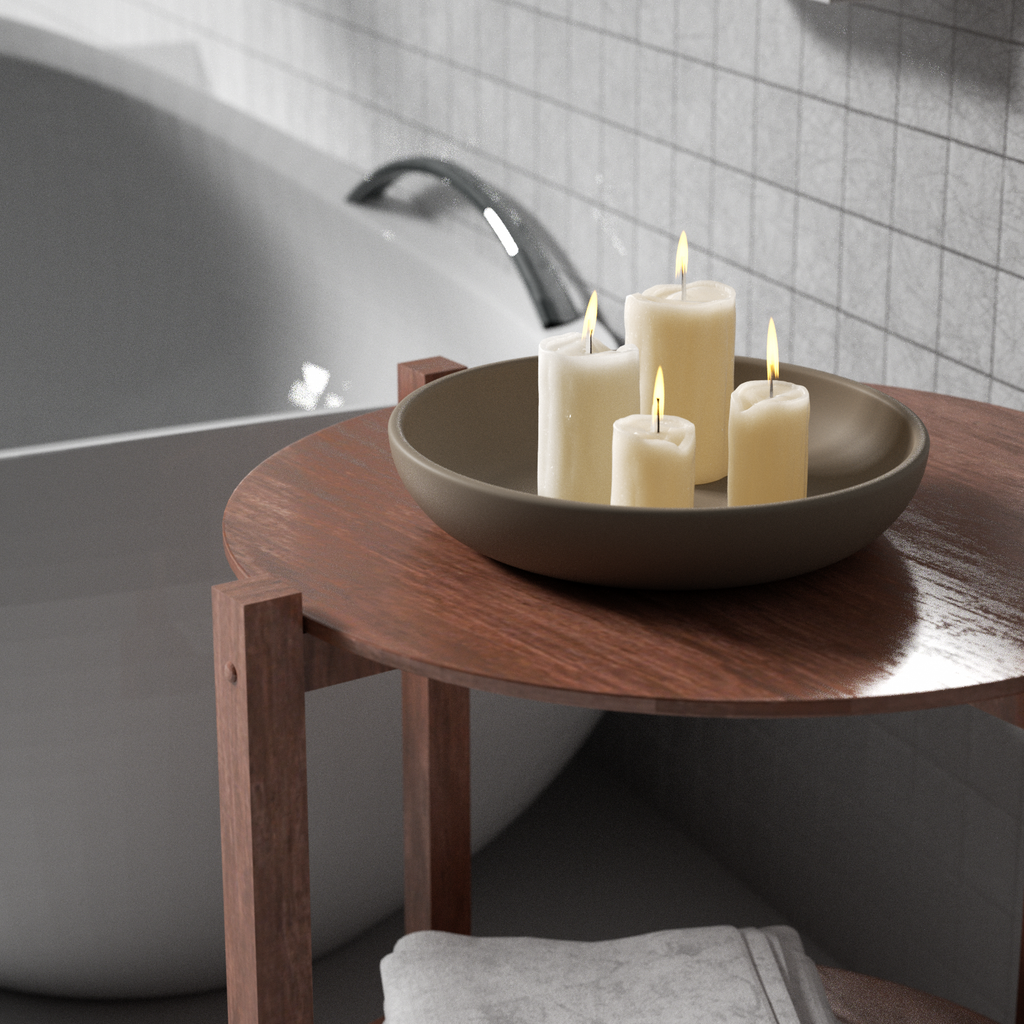 A large round tray placed on the coffee table next to the bathtub contains three lit candles, reflecting the different usage scenarios of the tray.