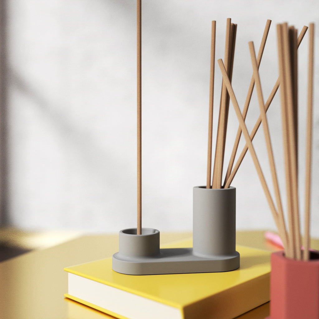 The gray Round Incense Holder has an incense stick on the left side and an incense tube on the right side -Boowan Nicole