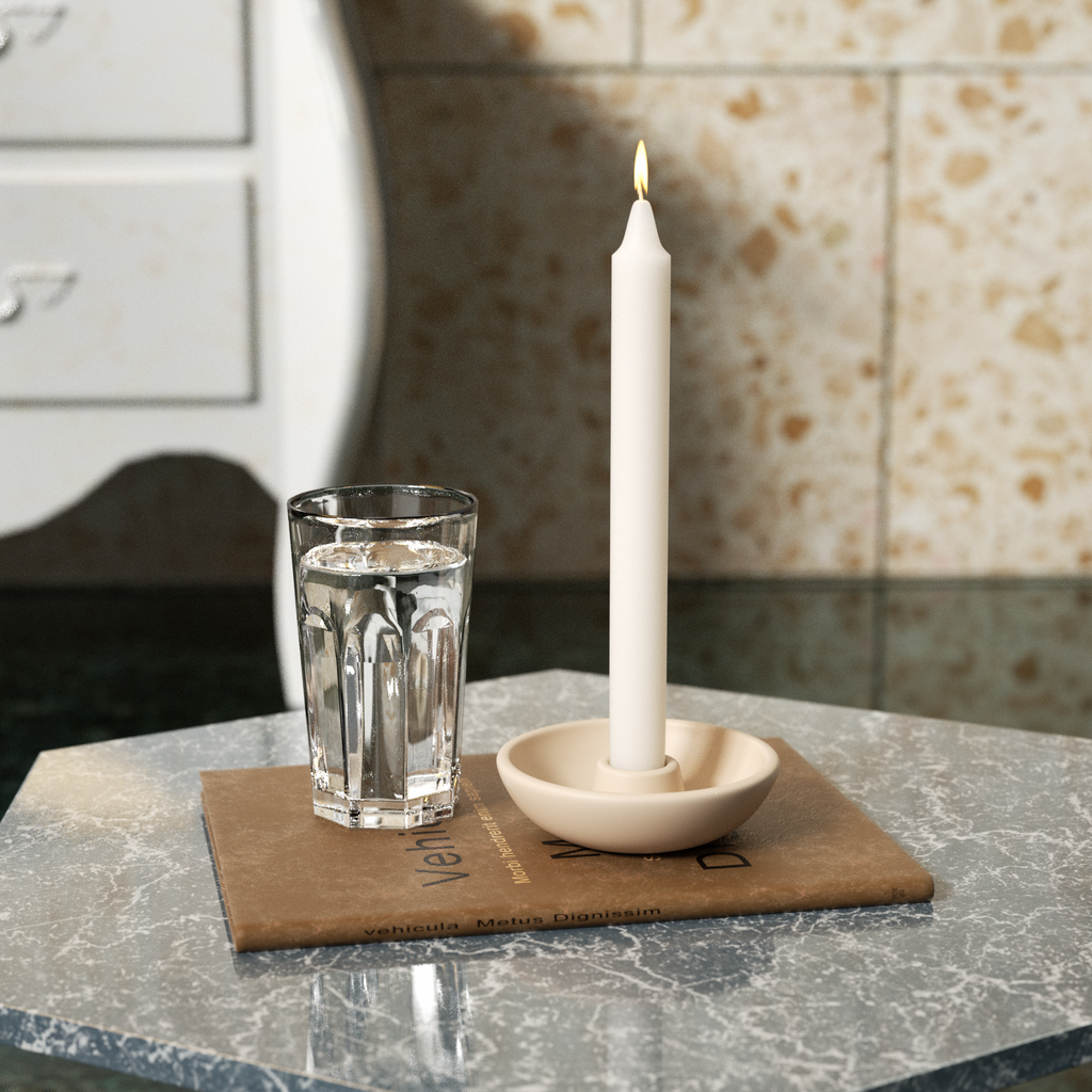  Illuminated candle on the holder radiates a warm glow, accompanied by a nearby cup of water.