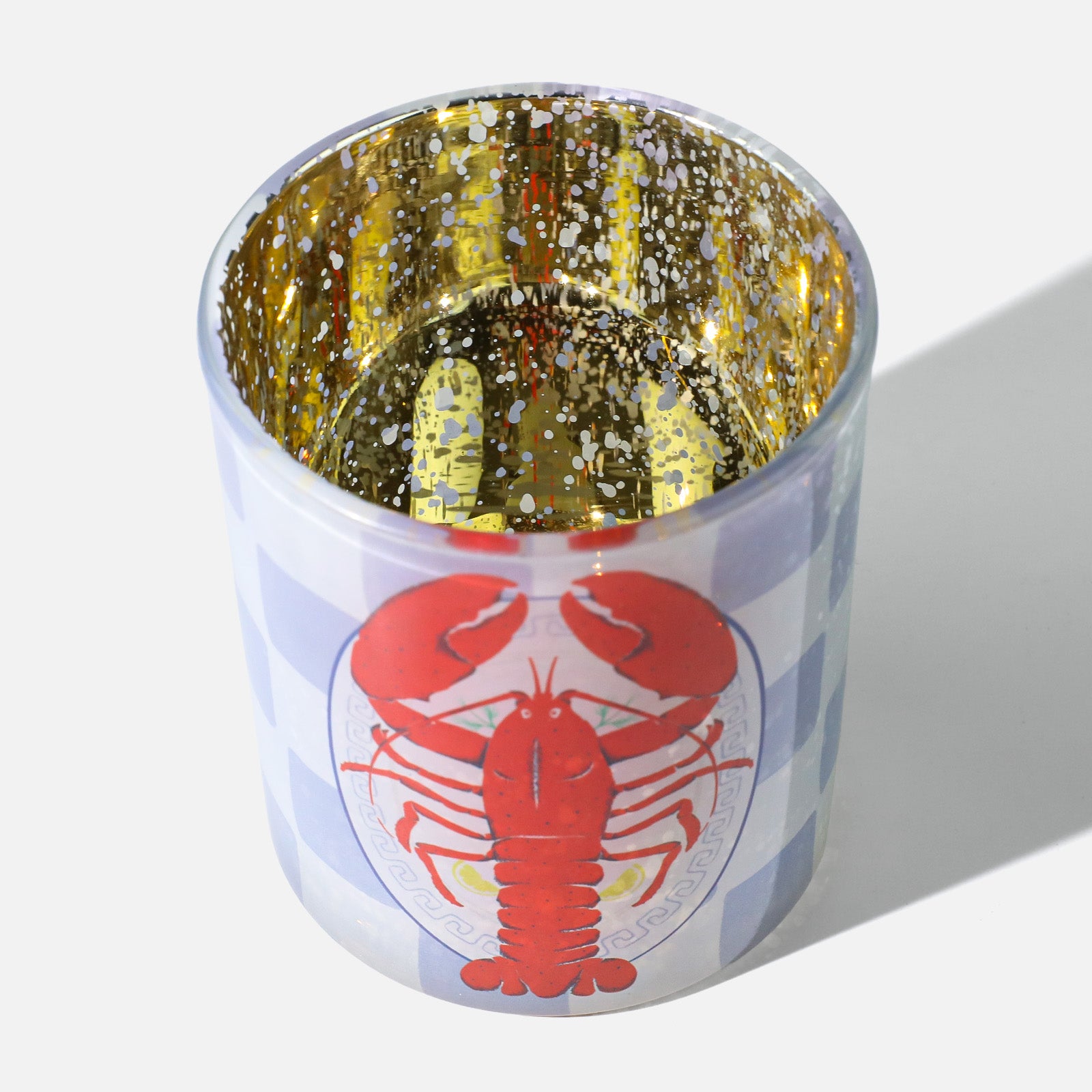 Top View of Frosted Blue Check Glass Candle Cup With Speckled Gold Interior & Classic Red Lobster Artwork - Boowan Nicole