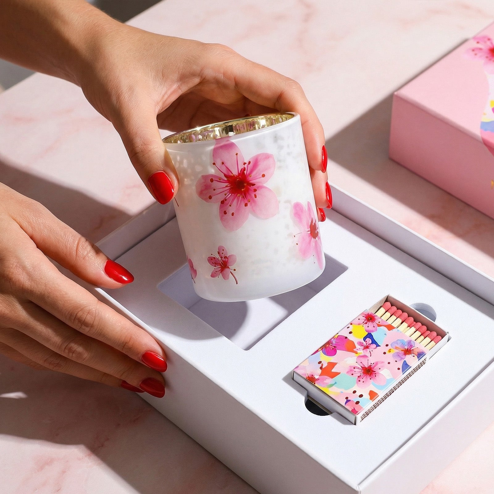 Single Cherry Blossom Candle Jar Being Placed Into Matching Pink Printed Gift Box With Decorative Matchbox - Boowan Nicole