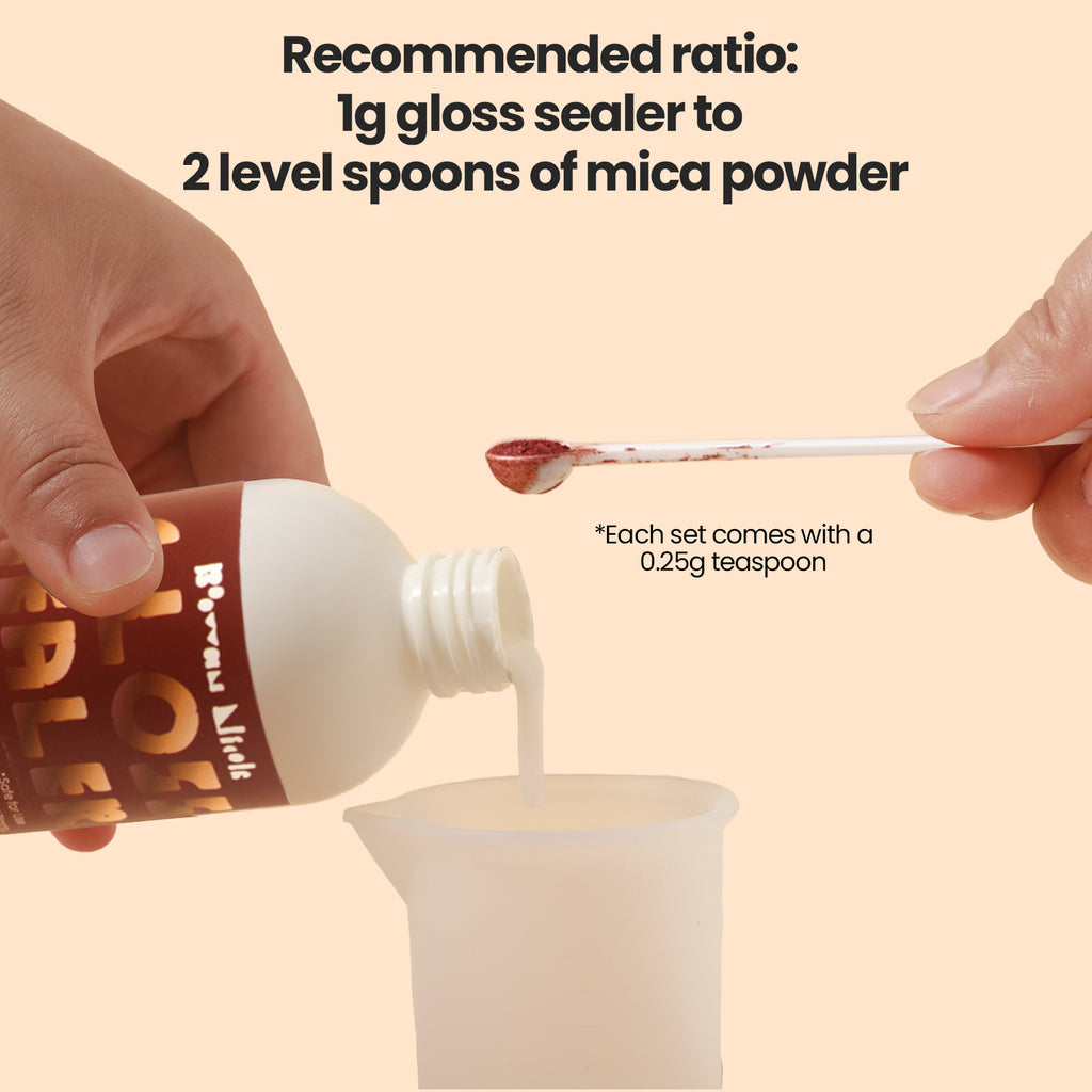 Recommended ratio:1g gloss sealer to 2 level spoons of mica powder-Boowan Nicole