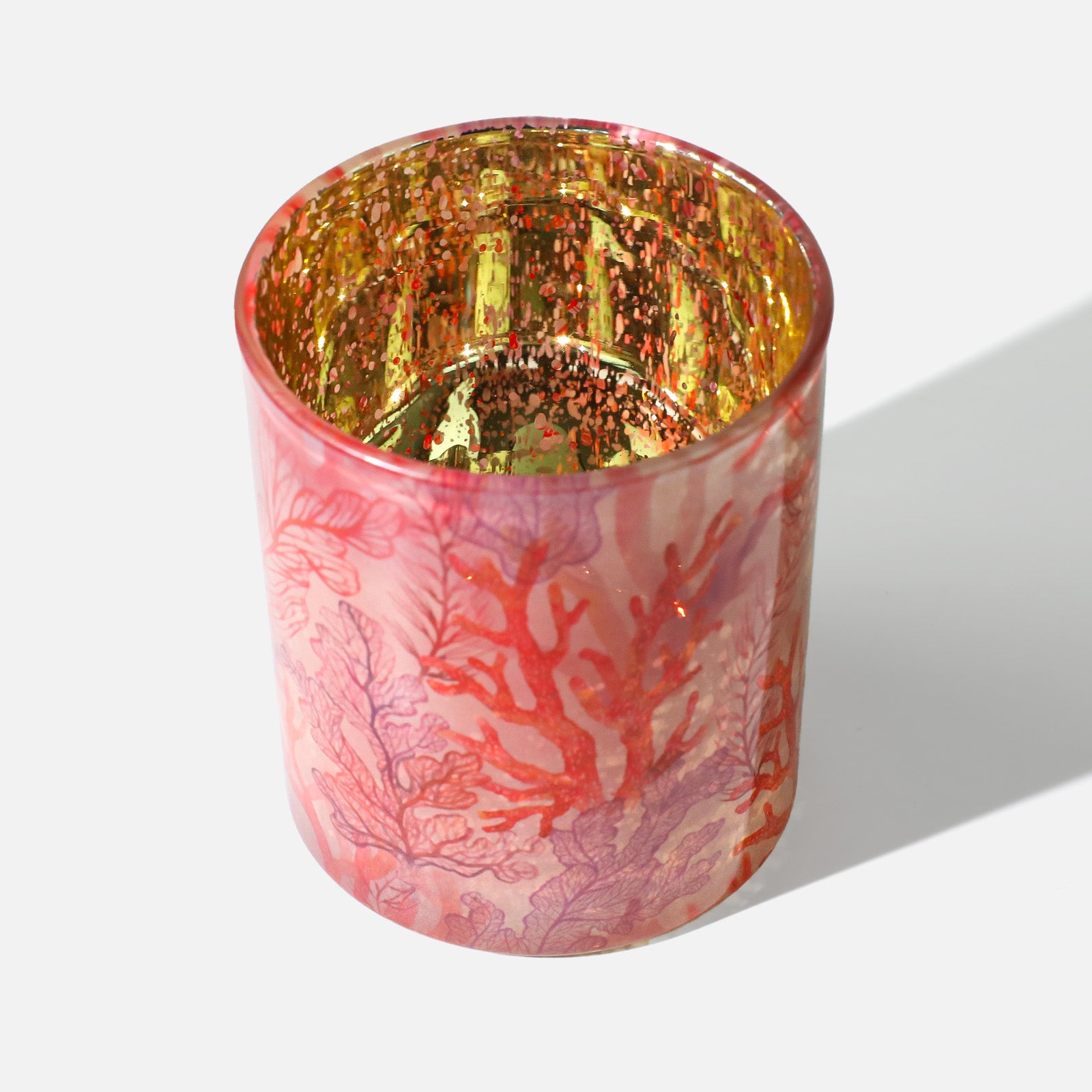 Top View of Frosted Pink-Red Glass Candle Jar with Speckled Gold Inner Wall & Red Coral Print - Boowan Nicole
