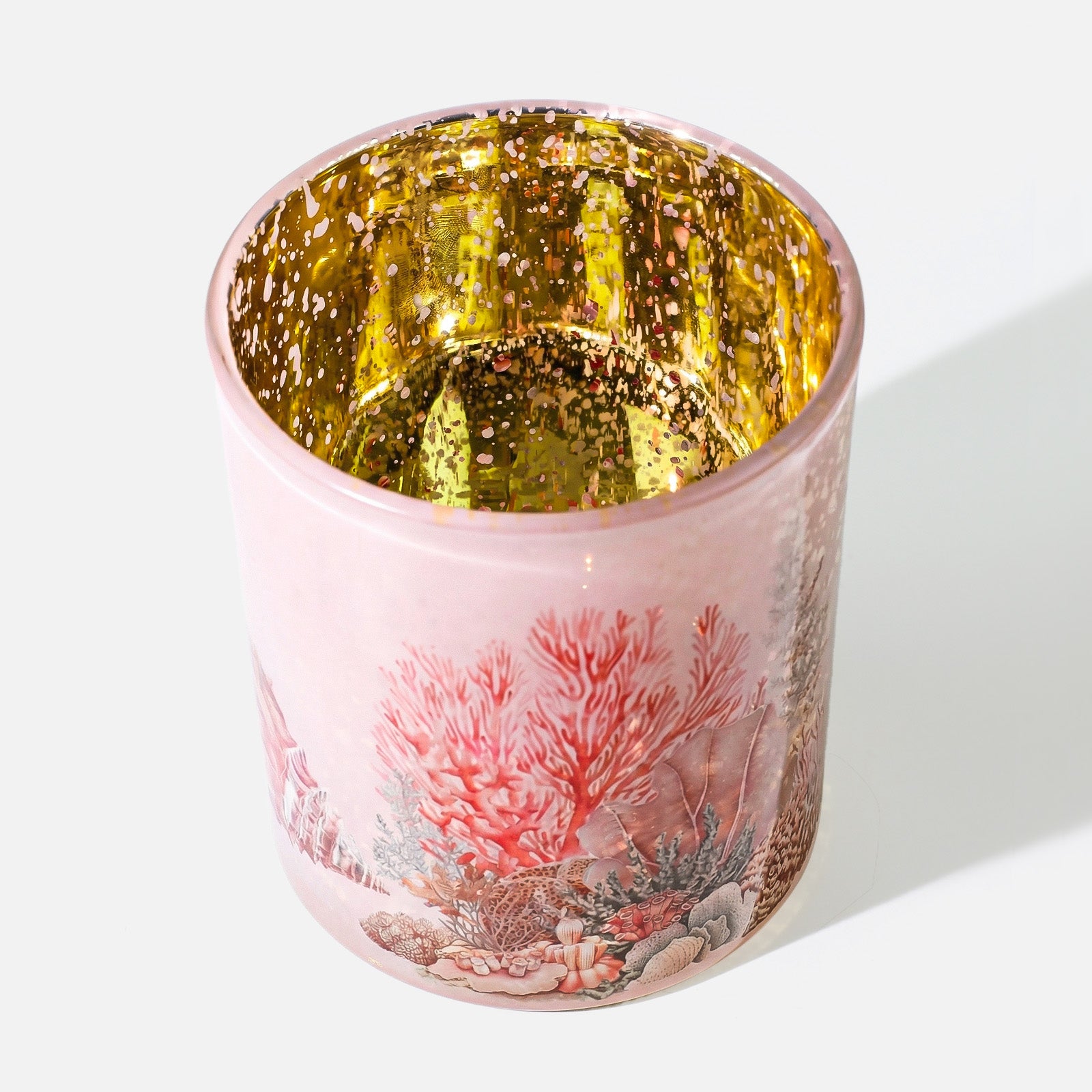Top Shot of Pink Frosted Glass Candle Jar with Gold Speckled Interior & Pink Coral Underwater Artwork - Boowan Nicole
