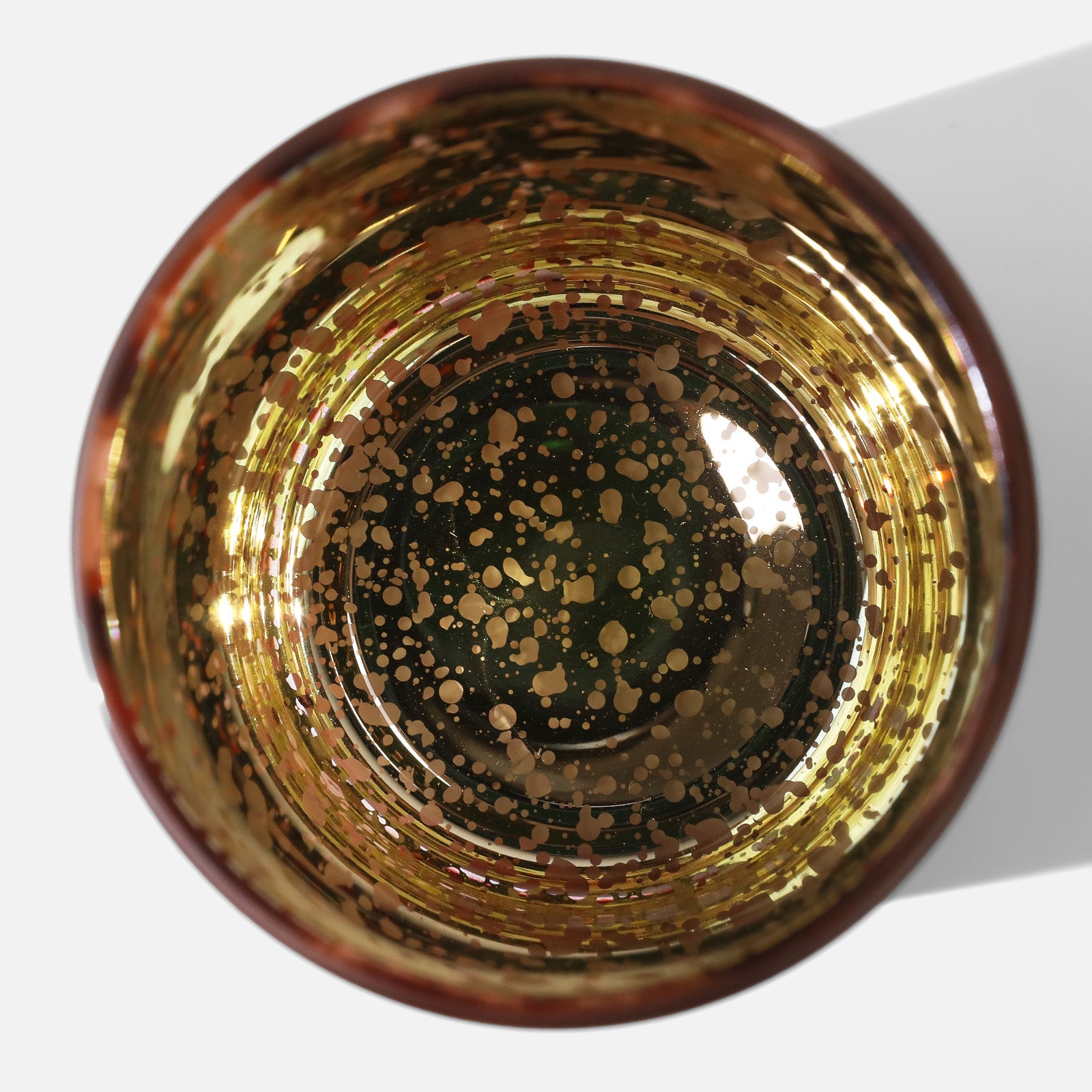 Top-down Shot of Speckled Metallic Gold Inner Base of Retro Tortoise Shell Design Glass Candle Jar - Boowan Nicole