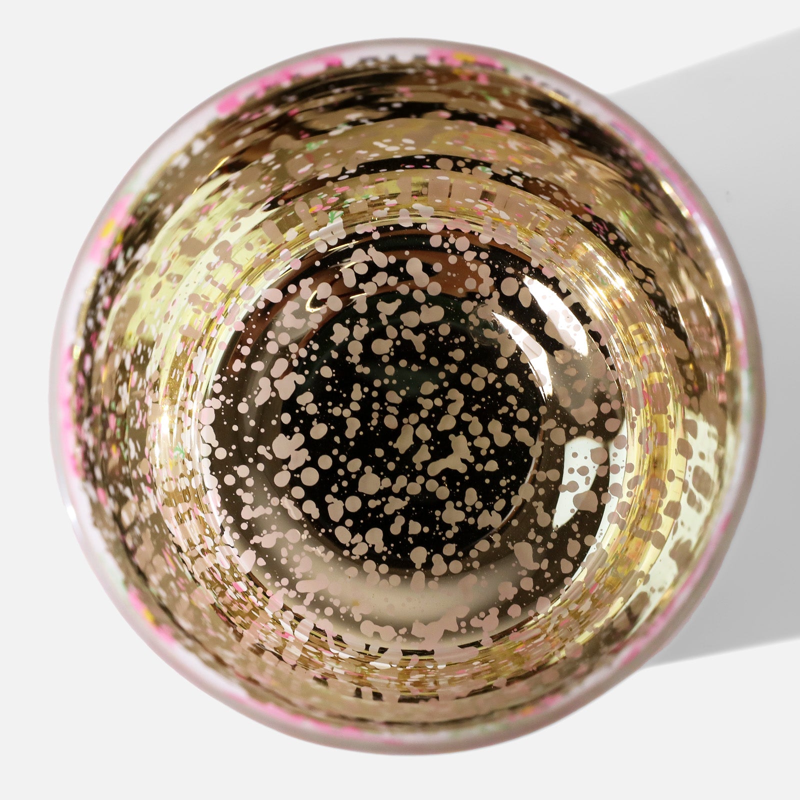 Top-down Shot of Speckled Metallic Gold Inner Base of Coquette Daisy Bow Design Frosted Glass Candle Jar - Boowan Nicole
