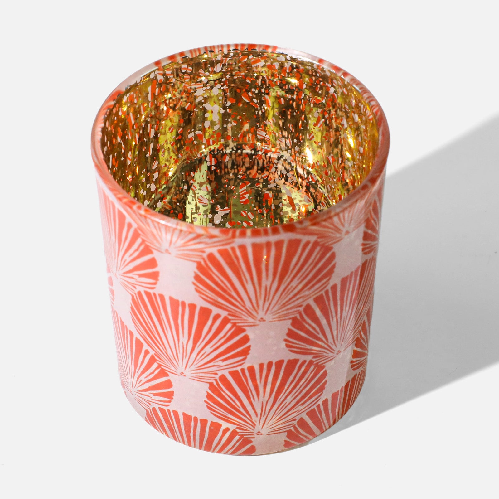 Top View of Frosted Pale Pink Glass Candle Jar with Speckled Gold Inner Wall & Repeating Red Scallop Artwork - Boowan Nicole