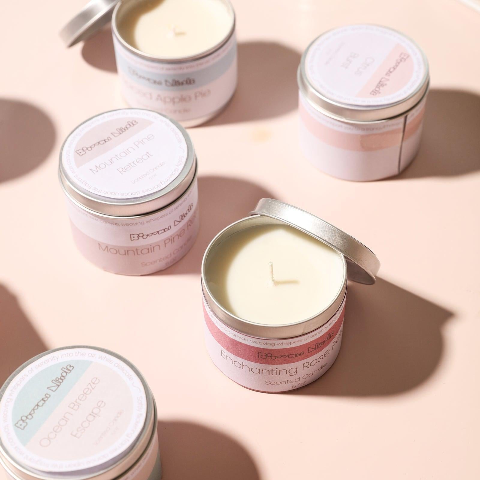 Candle refills made from aluminum cans with boowannicole labels on the outside can be used as gifts and for sale.