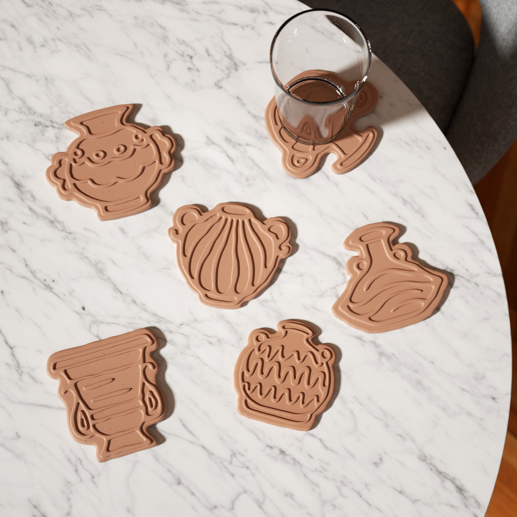 Six coffee-colored coasters with different designs, the afternoon sunlight slanting on the tabletop, showing elegance, designed by Boowan Nicole.