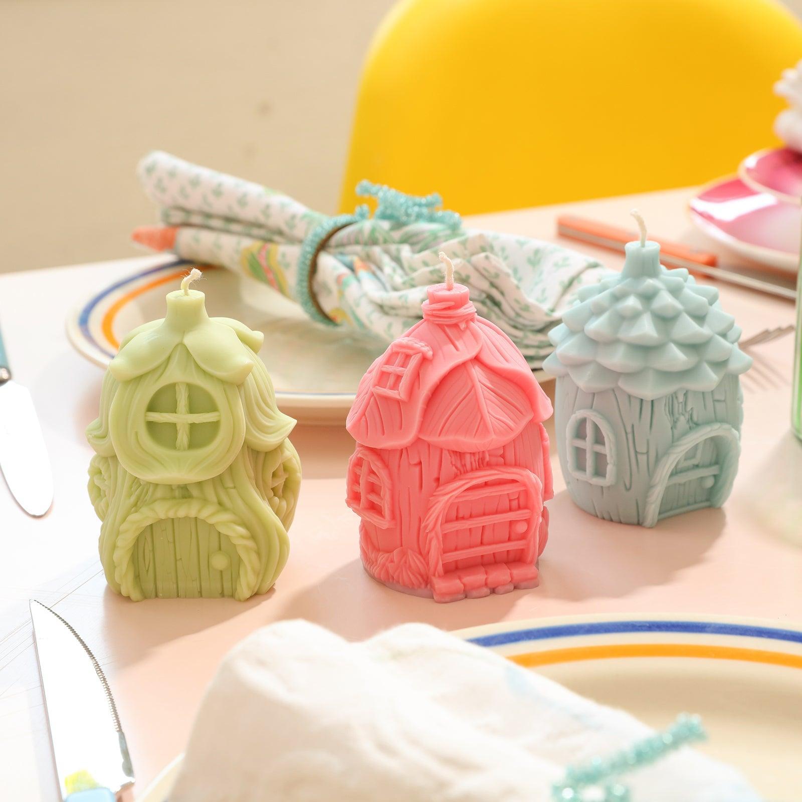 Green, pink and blue miniature fairy house candles in three different shapes-Boowan Nicole