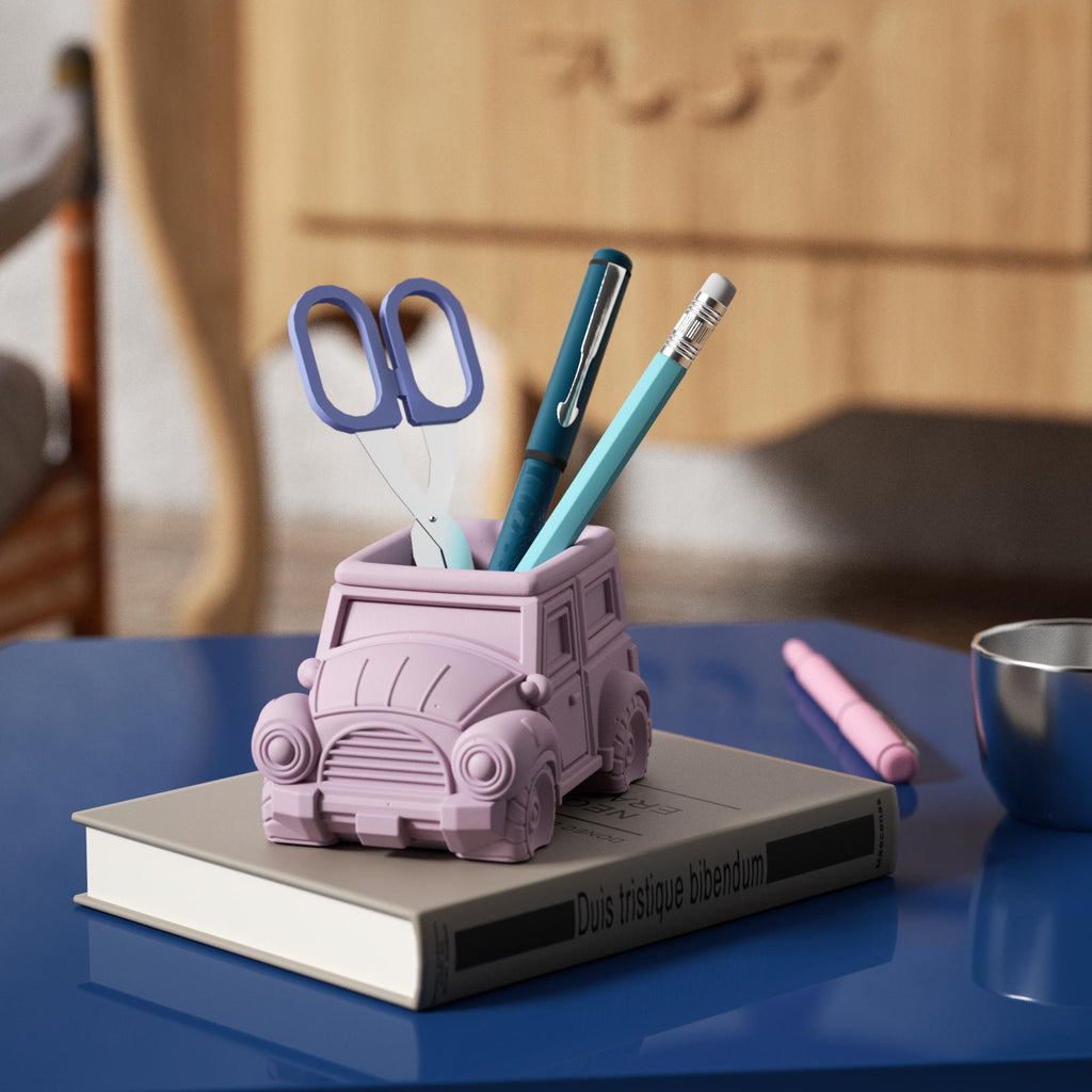 Pink Vintage Off-Road Car Plant Pot Concrete with pen and scissors - Boowan Nicole