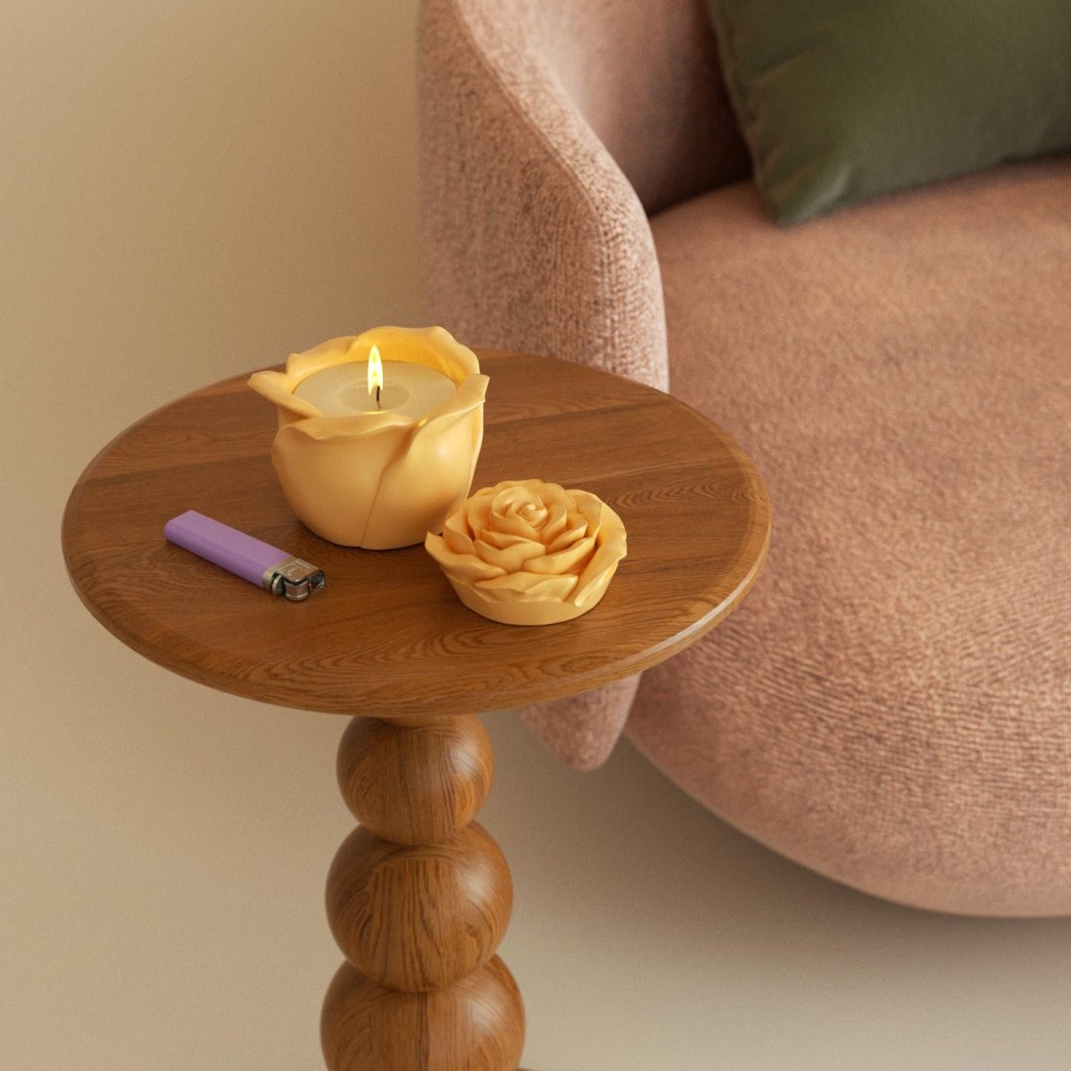 Cream yellow rose candle jar with matching refill on a wooden side table - Boowan Nicole