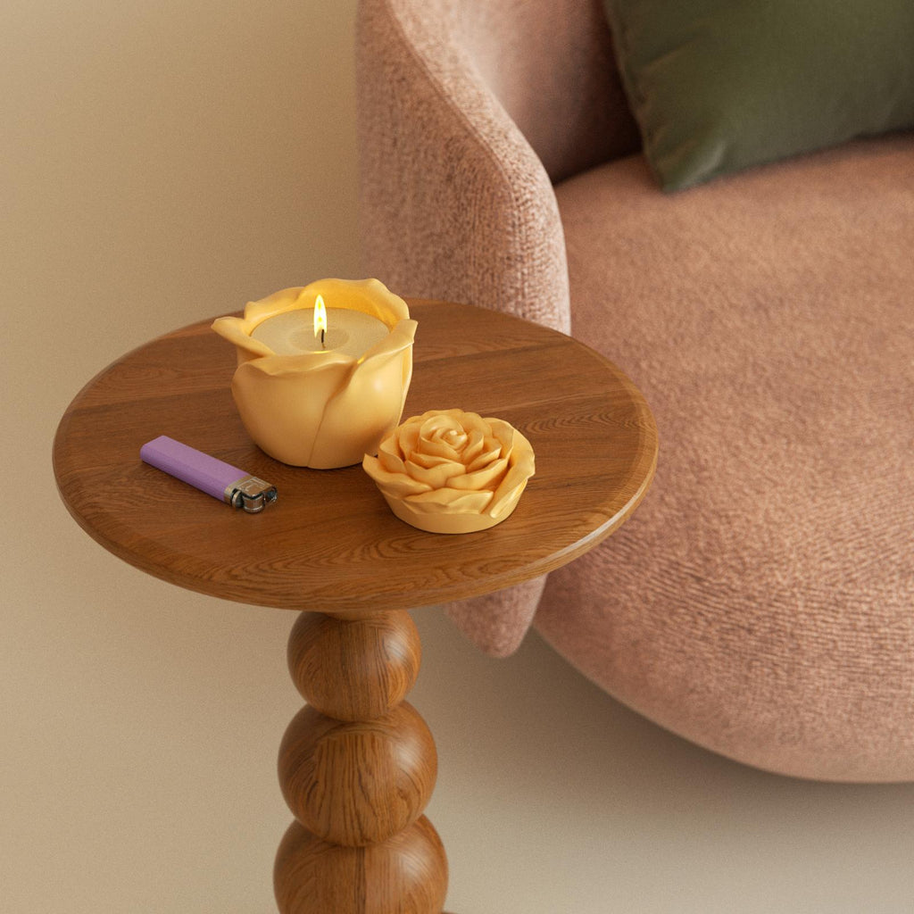 Cream yellow rose candle jar with matching refill on a wooden side table - Boowan Nicole