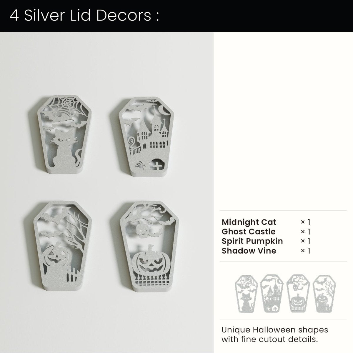 Buy 4 Silver Lid Decors : Midnight Cat & Ghost Castle & Spirit Pumpkin & Shadow Vine