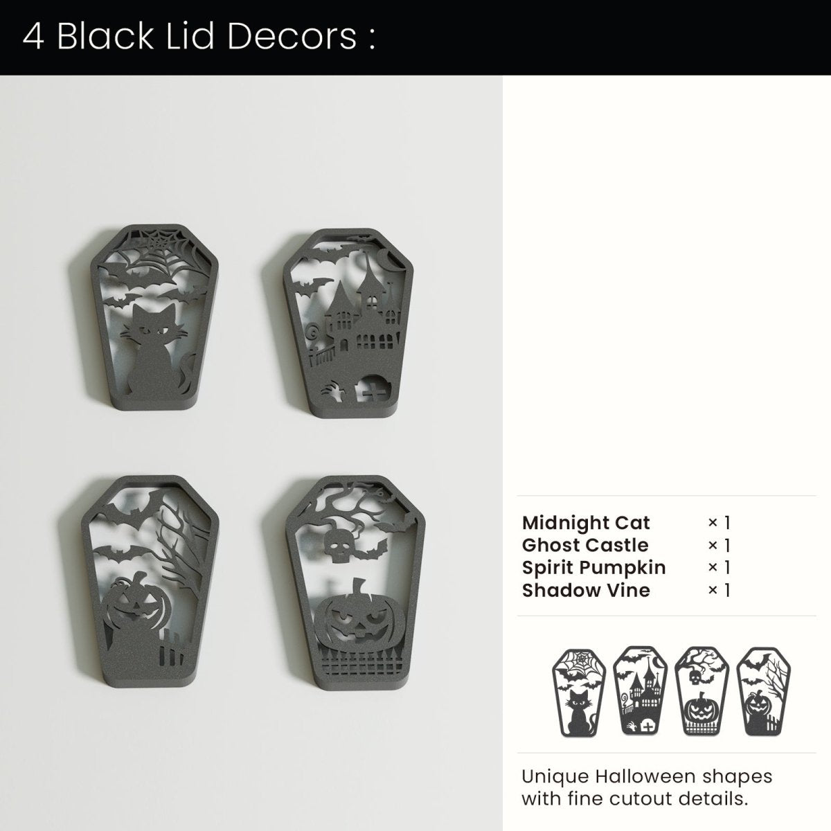 Buy 4 Black Lid Decors : Midnight Cat & Ghost Castle & Spirit Pumpkin & Shadow Vine