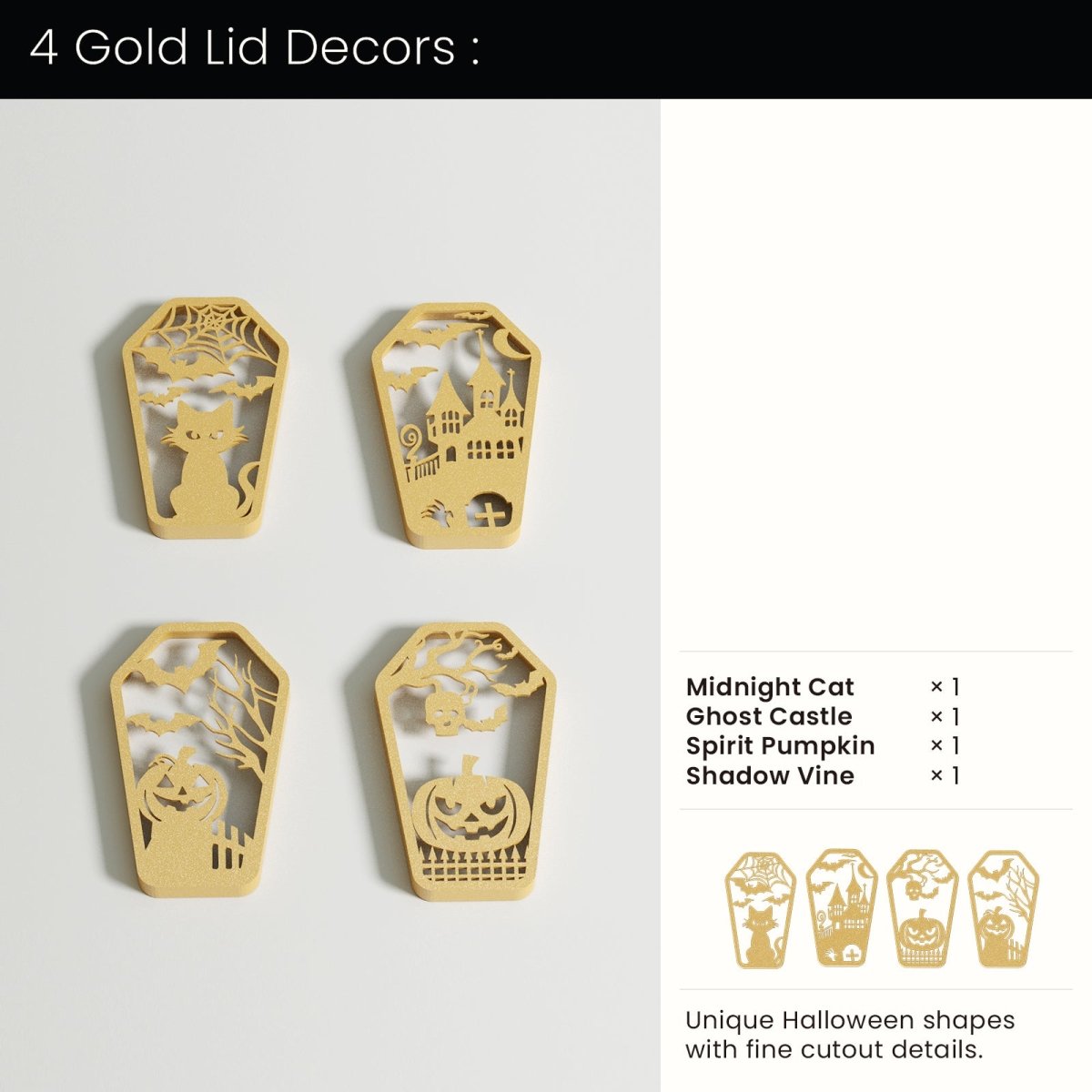 Buy 4 Gold Lid Decors : Midnight Cat & Ghost Castle & Spirit Pumpkin & Shadow Vine