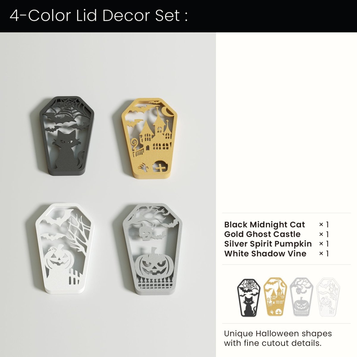 Buy 4 - Color Lid Decors Set : Midnight Cat & Ghost Castle & Spirit Pumpkin & Shadow Vine