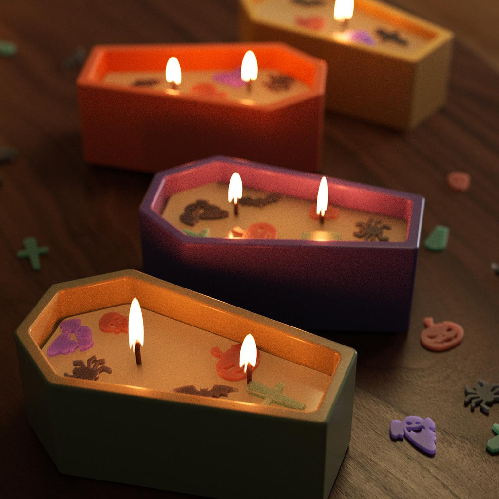 Halloween coffin candles with spooky embed wax pieces for a festive atmosphere - Boowan Nicoole