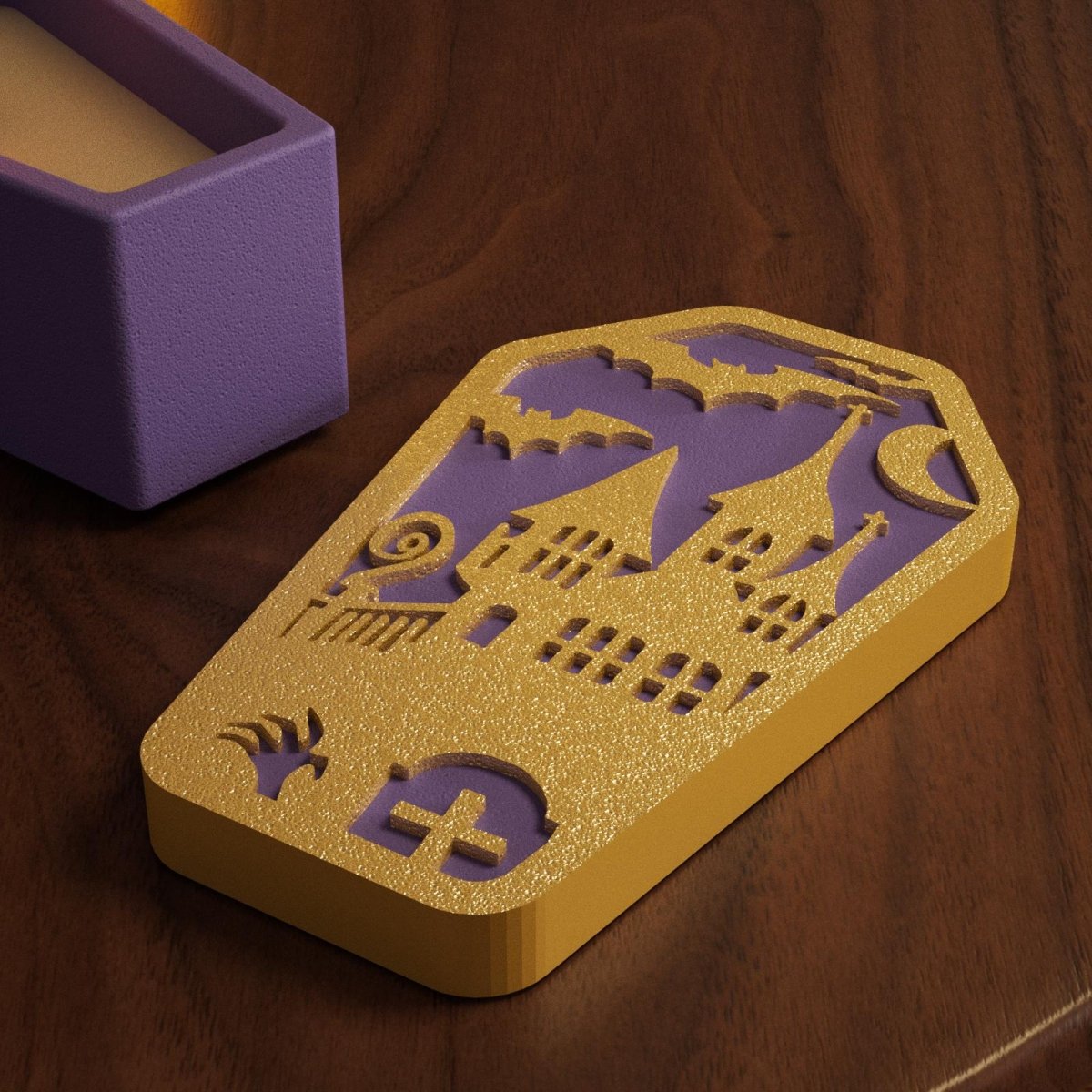 Gold glitter haunted house Halloween coffin lid with castle and bat cutouts - Boowan Nicole