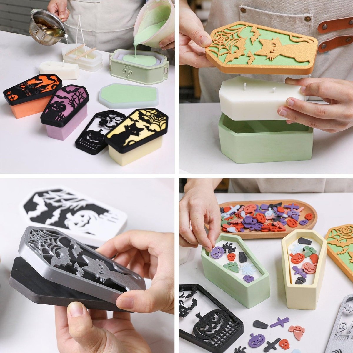 Step-by-step Halloween coffin candle making using silicone molds, colorful wax embeds, and festive handcraft tools - Boowan Nicole