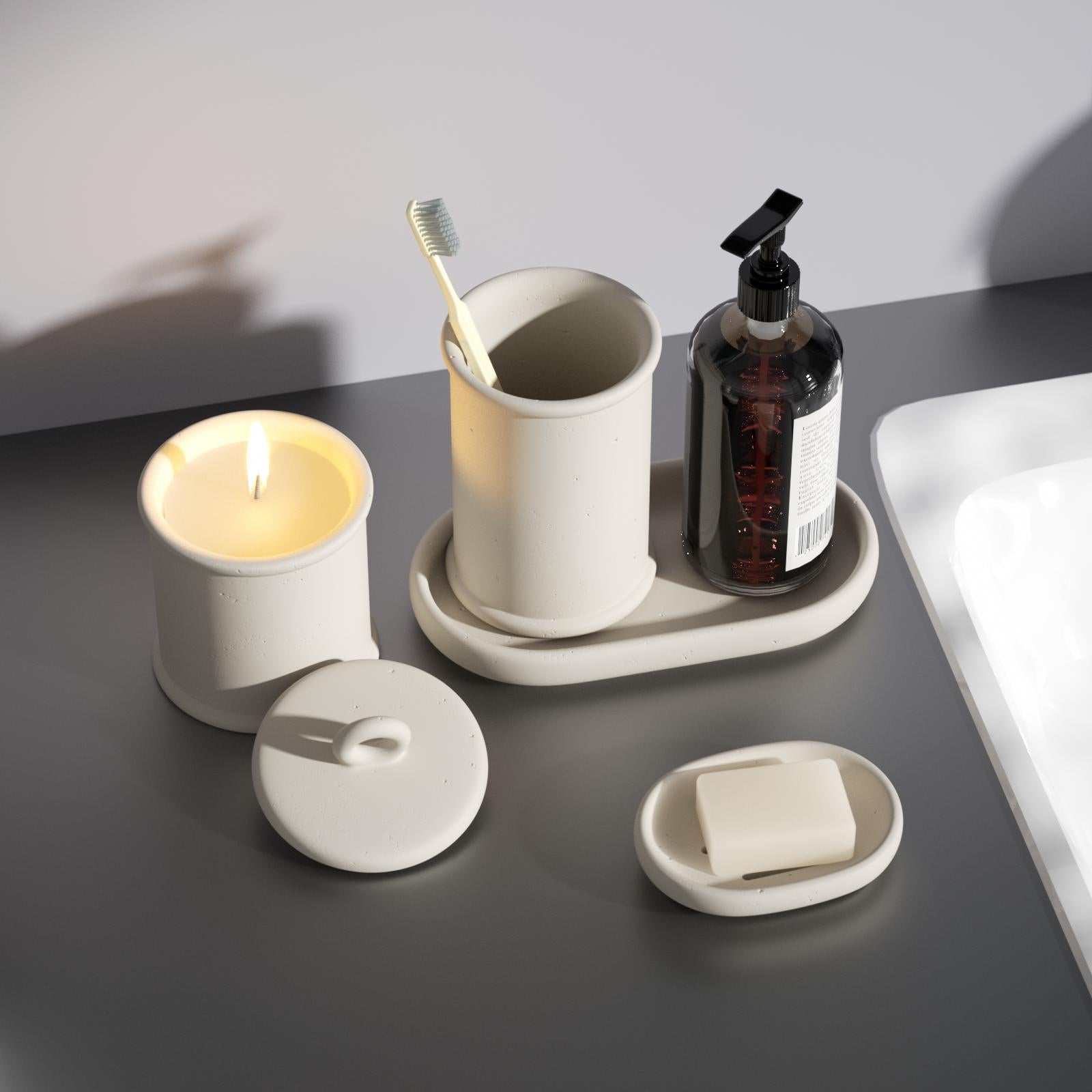 The white bathroom concrete four-piece set is placed next to the bathroom sink -Boowan Nicole