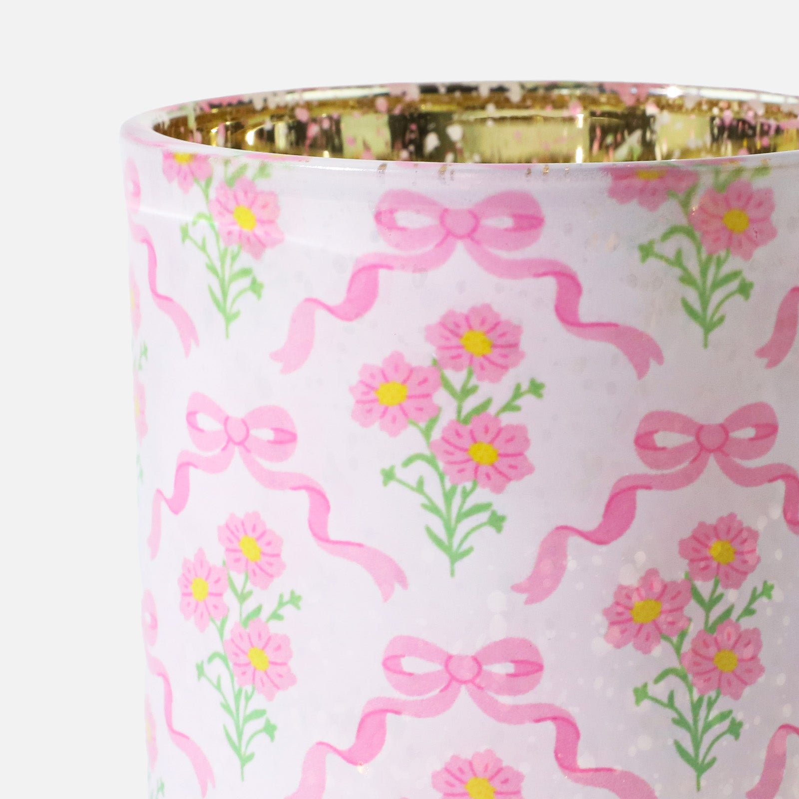 Macro Close-up of Hand-drawn Pink Daisy Cluster and Curly Ribbon Bow Print on Frosted Candle Glass Surface - Boowan Nicole