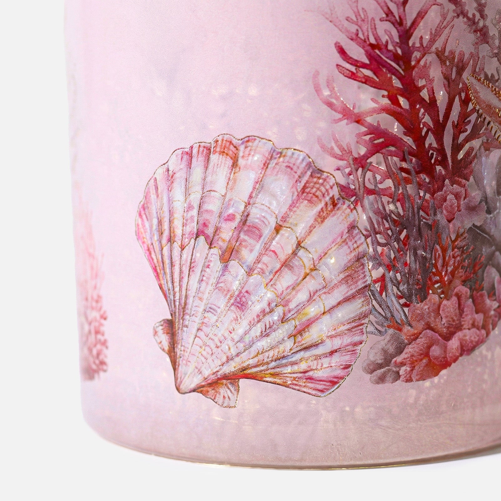 Close-up Detailed Pink Scallop Shell and Red Coral Print on Frosted Pink Candle Glass - Boowan Nicole