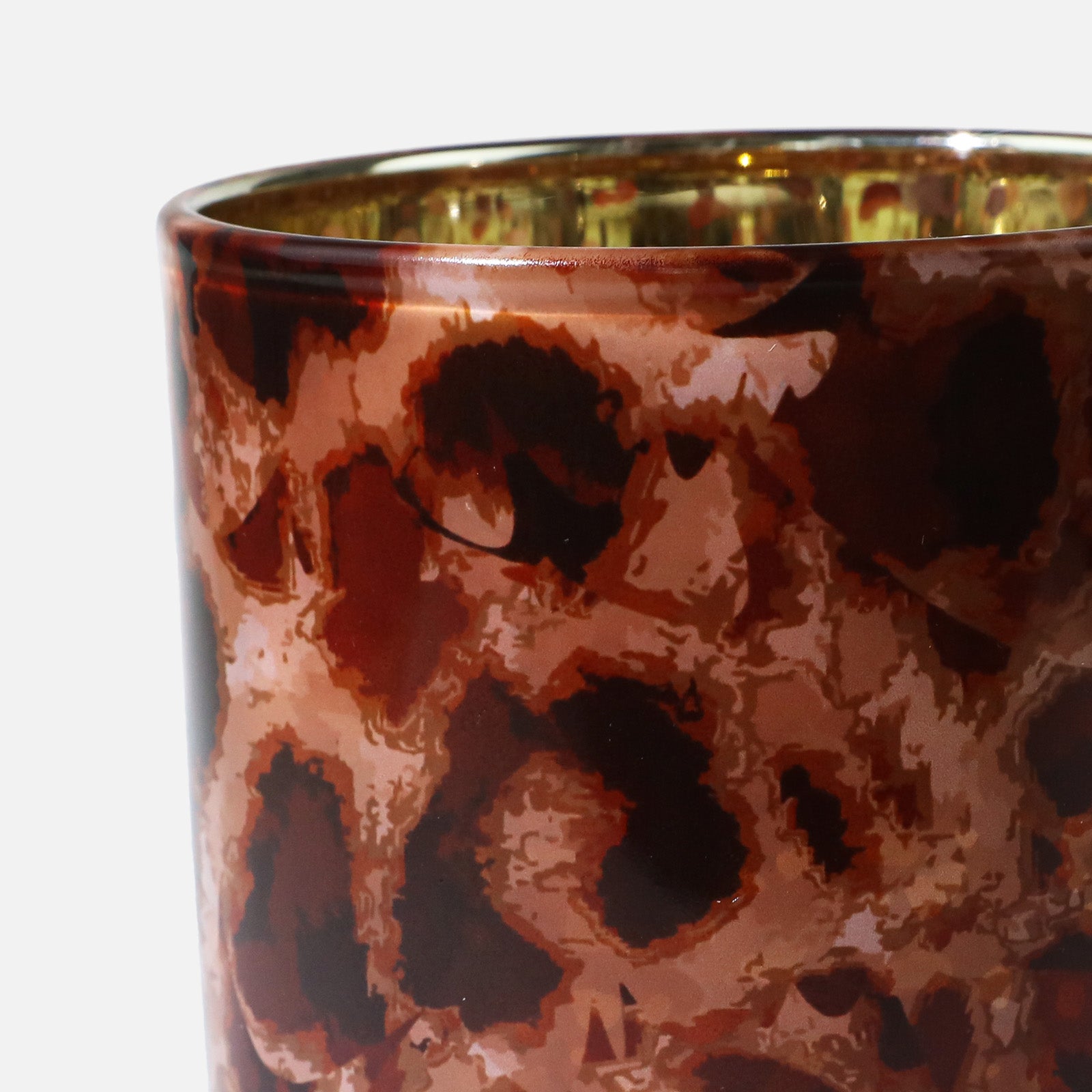 Macro Close-up of Rich Brown & Amber Tortoise Shell Marbled Print on Gloss Candle Glass Surface - Boowan Nicole