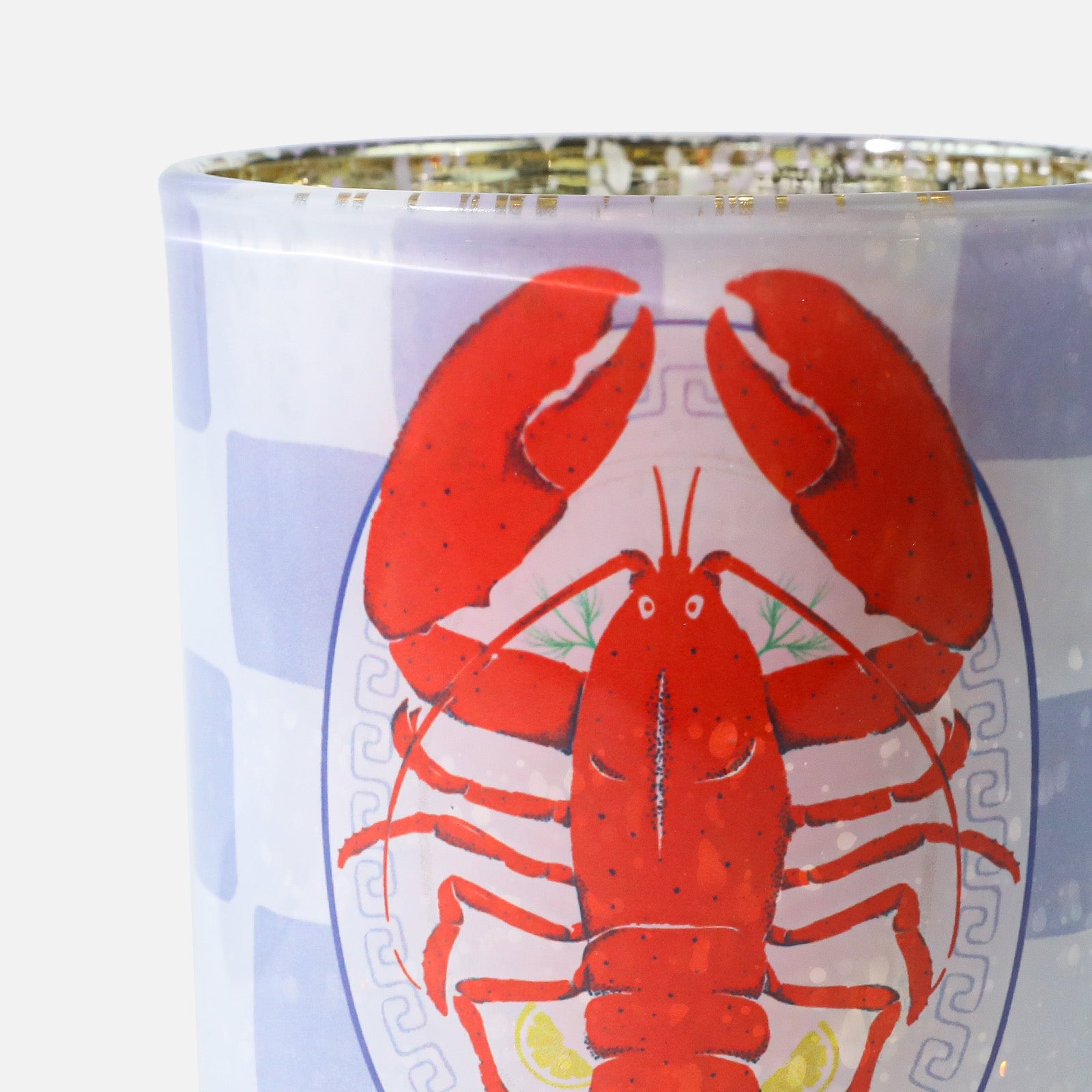 Macro Close-up of Detailed Vintage Red Lobster Graphic on Frosted Checkered Candle Glass Surface - Boowan Nicole