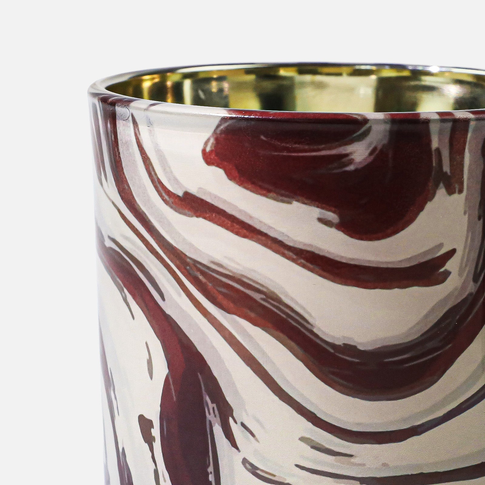 Macro Close-up of Fluid Art Burgundy Red & Cream Organic Swirl Marble Print on Gloss Candle Glass Surface - Boowan Nicole