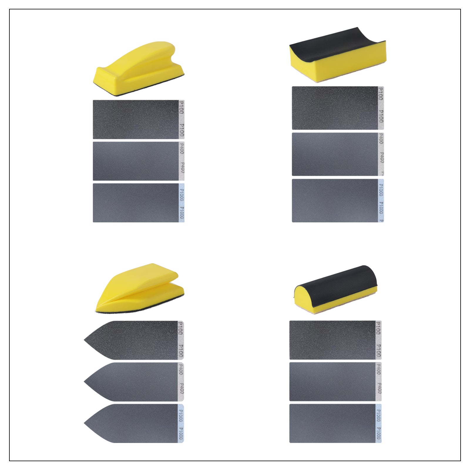 Displaying four sanding tools and their corresponding sandpapers.