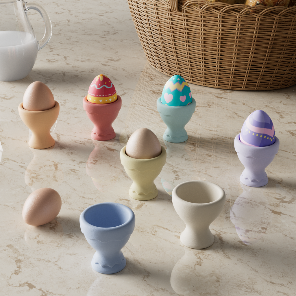 Egg cup with colorful eggs arranged inside.