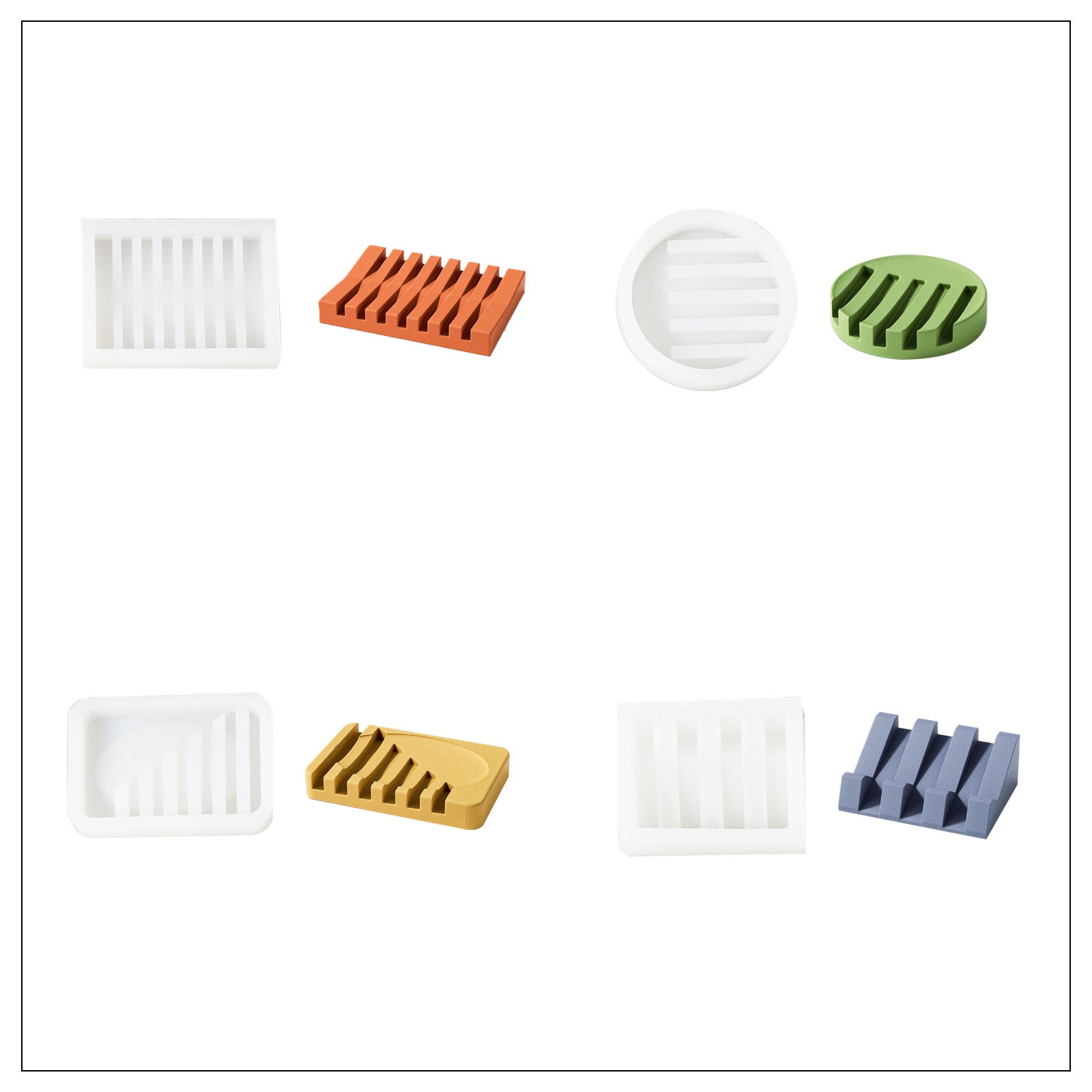 Witness the beauty of creation – four soap dish molds alongside the stunning finished products, a testament to the craftsmanship of Boowannicole.