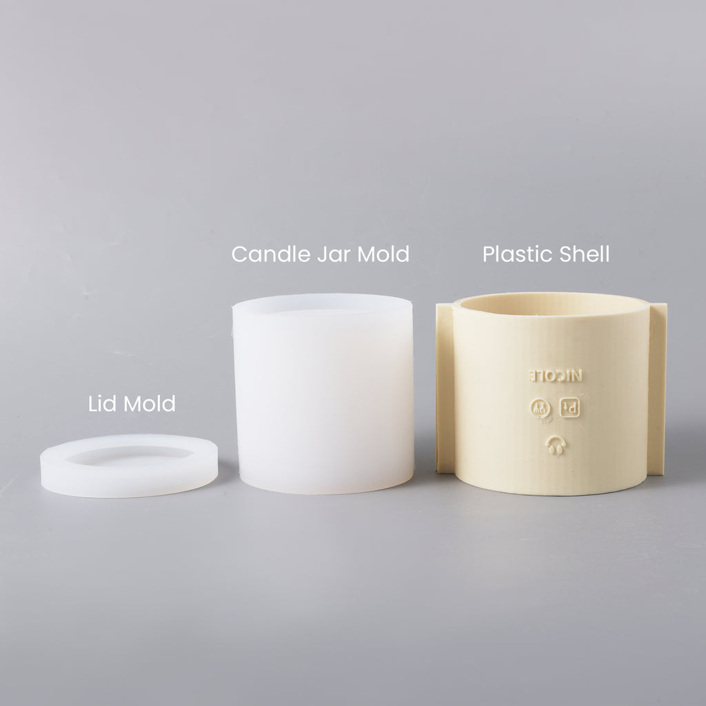 An image featuring a lid mold, a candle jar mold, and a plastic shell. The lid mold boasts clean lines, the candle jar exudes warm translucency, and the plastic shell displays elegant curves. Together, they create a serene aesthetic.