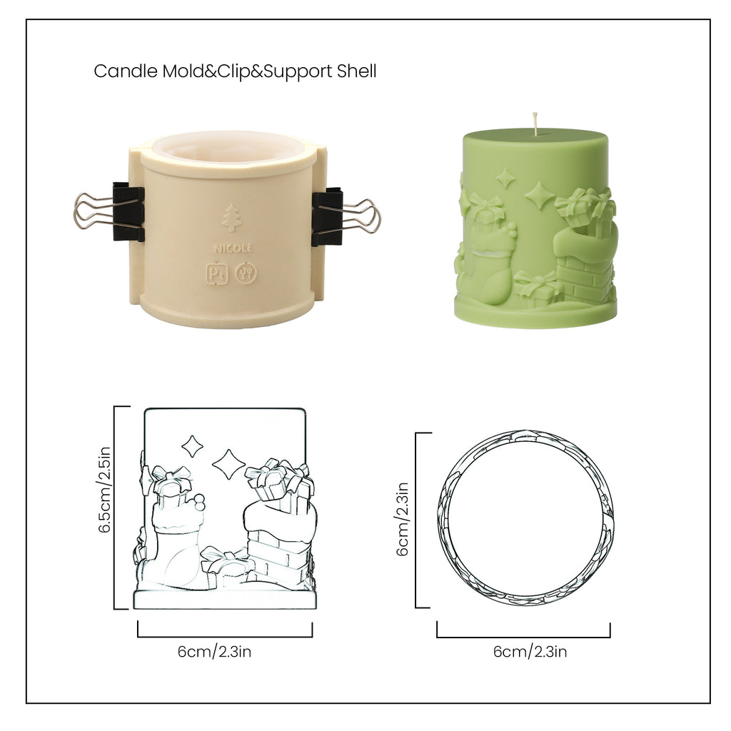 Green Christmas Gift Pattern Embossed Pillar Candle and Silicone Mold Set and Finished Sizes - Boowan Nicole