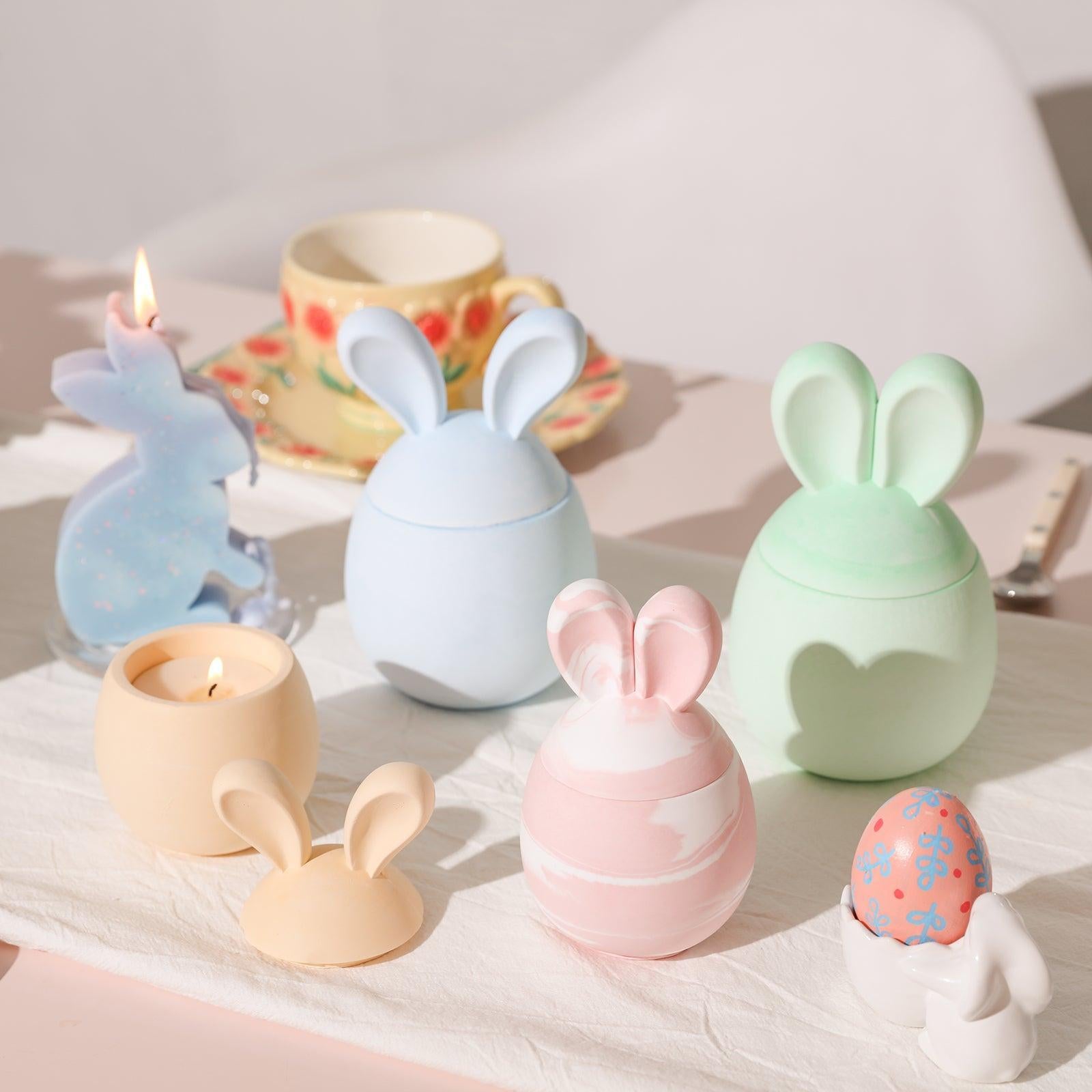 Rabbit candle jar placed on tabletop as home decoration