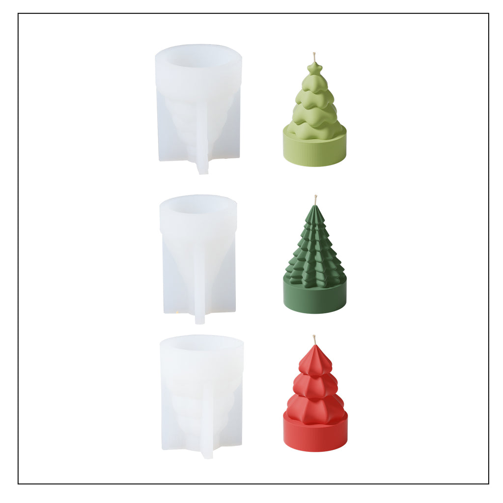 Three different styles of Mini Christmas Tree Candle and white silicone mold-Boowan Nicole