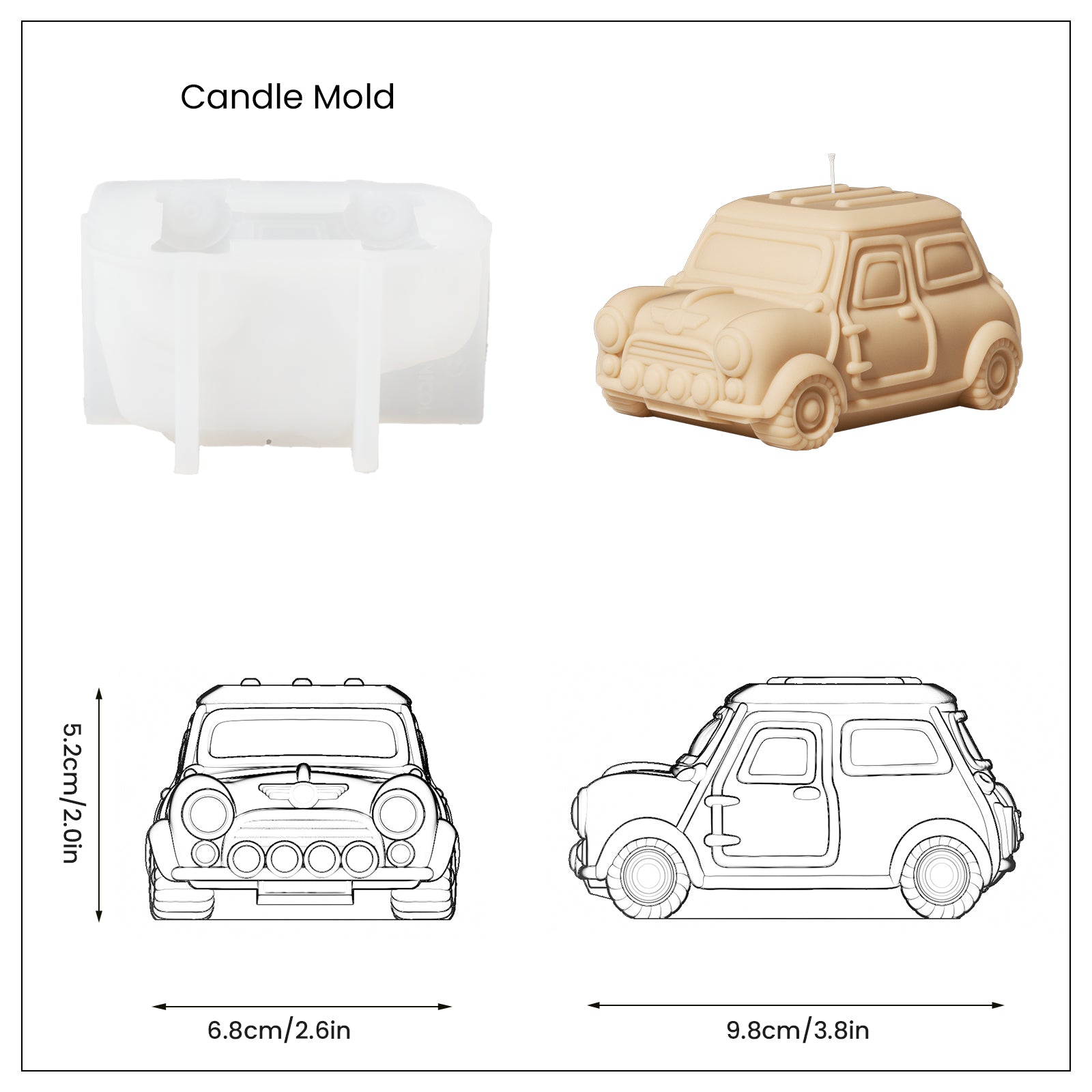 Light yellow retro car-shaped candle and white silicone mold and finished product size display, designed by Boowan Nicole.