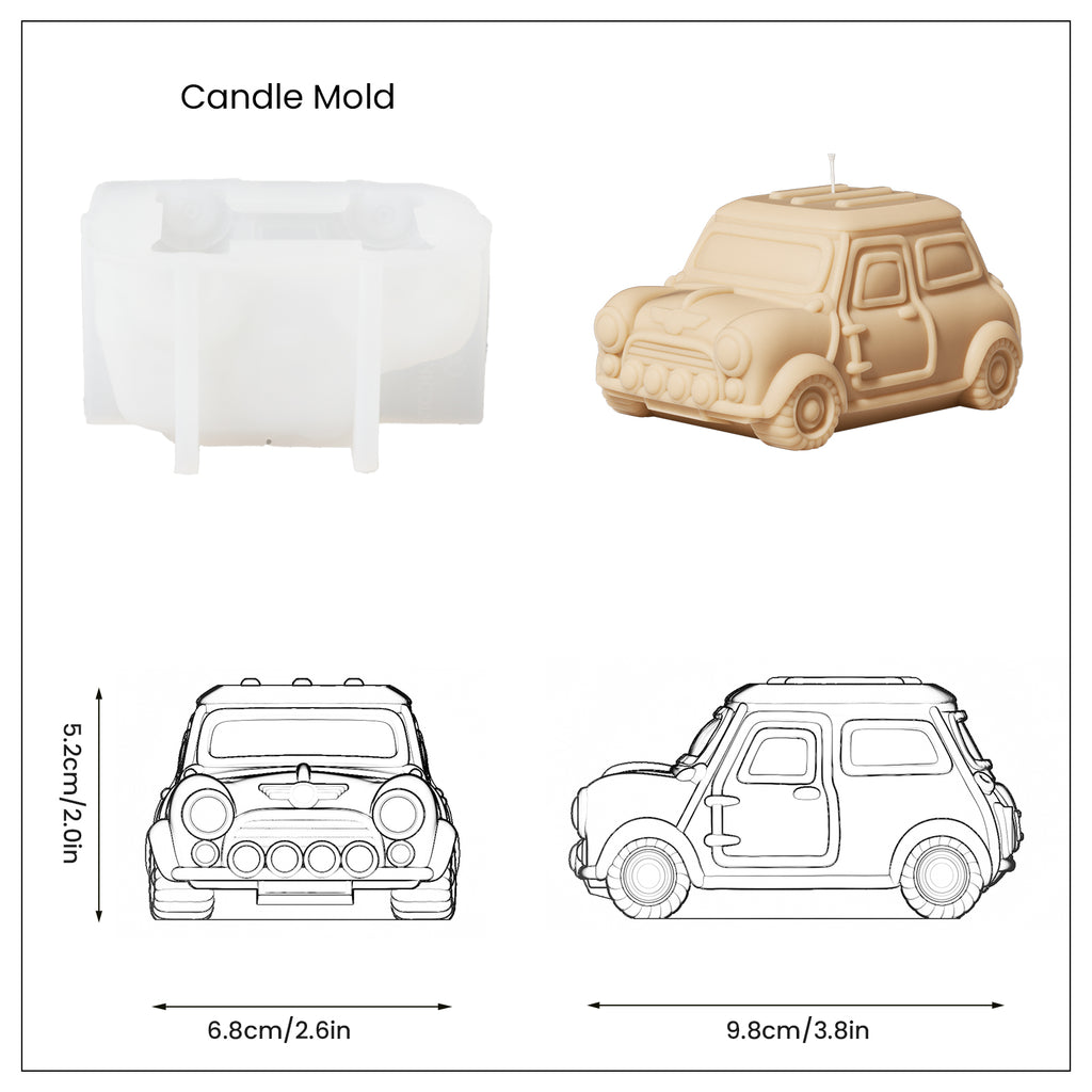 Light yellow retro car-shaped candle and white silicone mold and finished product size display, designed by Boowan Nicole.