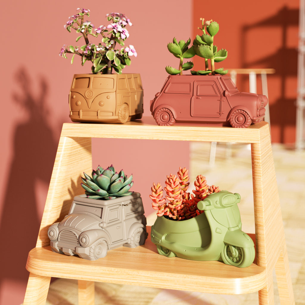 Different car and motorcycle shaped plant pots on the flower stand, with plants planted in the plant pots - Boowan Nicole