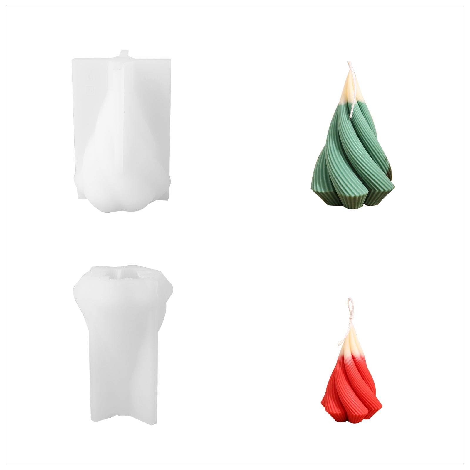 Red white top small and green white top large Spiral Christmas Tree Candle and corresponding white silicone mold-Boowan Nicole