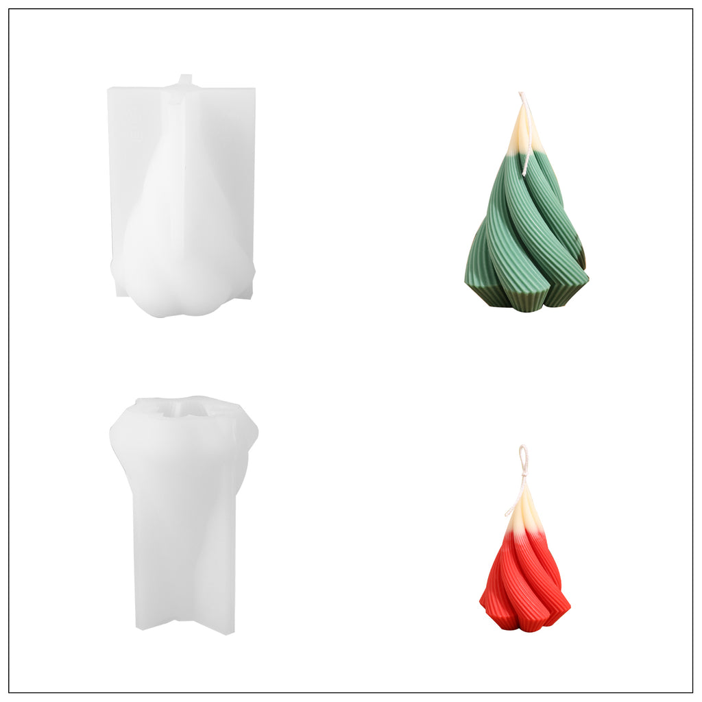 Red white top small and green white top large Spiral Christmas Tree Candle and corresponding white silicone mold-Boowan Nicole