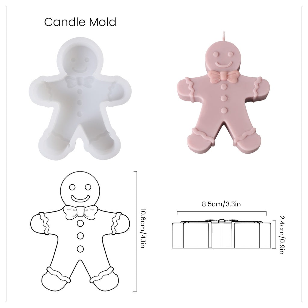 White silicone mold and pink gingerbread man candle with finished dimensions, designed by Boowan Nciole.