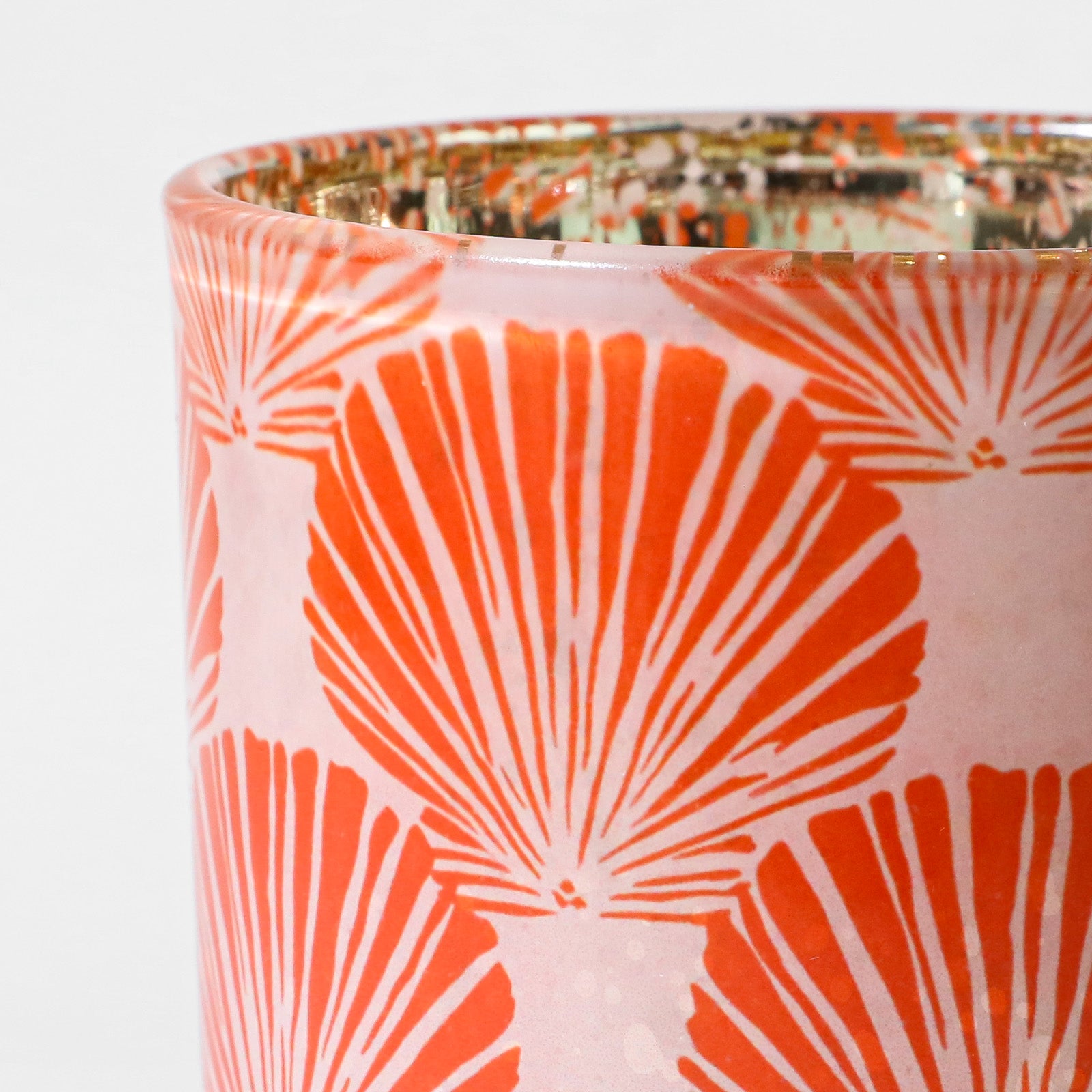 Detailed Partial Shot of Orange Striped Seashell Print on Semi-Opaque Frosted Candle Vessel Rim - Boowan Nicole