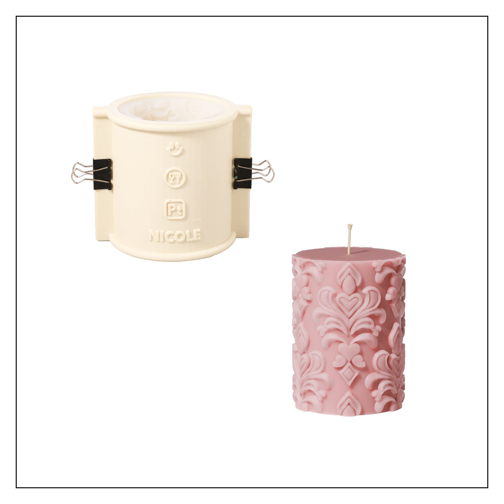 Pink short pillar relief pattern candle and Boowannicole's silicone mold set, fostering easy creativity.